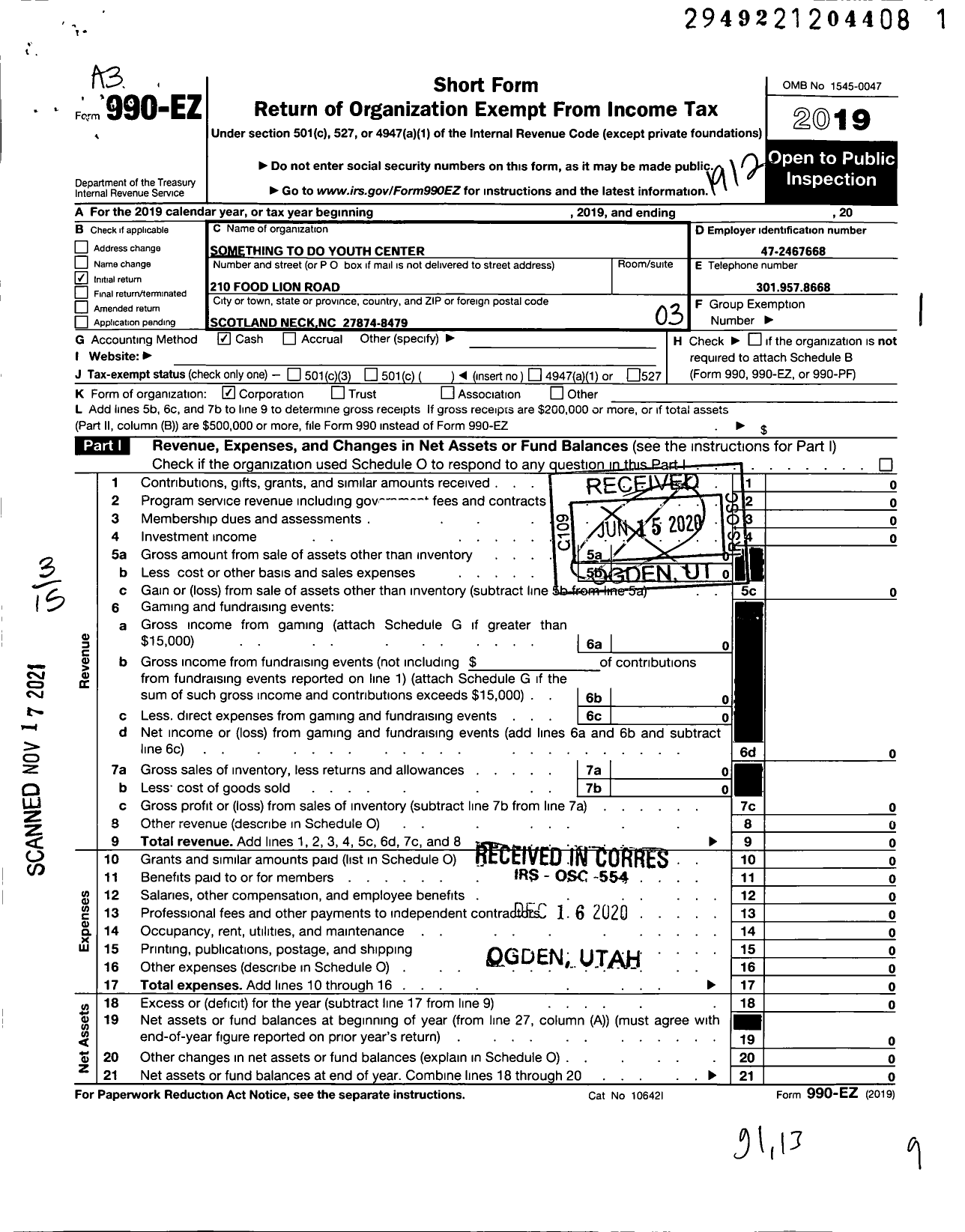 Image of first page of 2019 Form 990EZ for Something To Do Youth Center