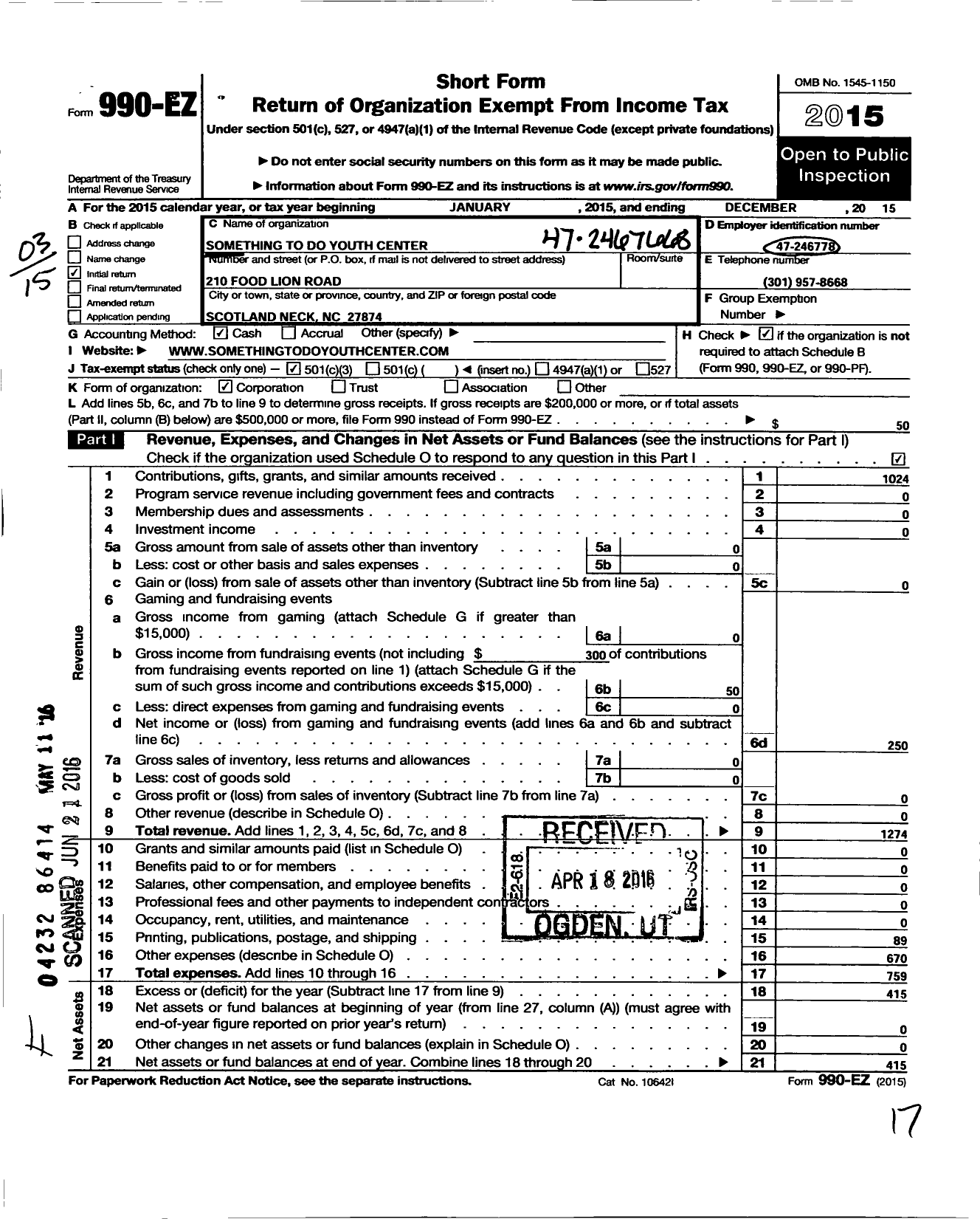 Image of first page of 2015 Form 990EZ for Something To Do Youth Center