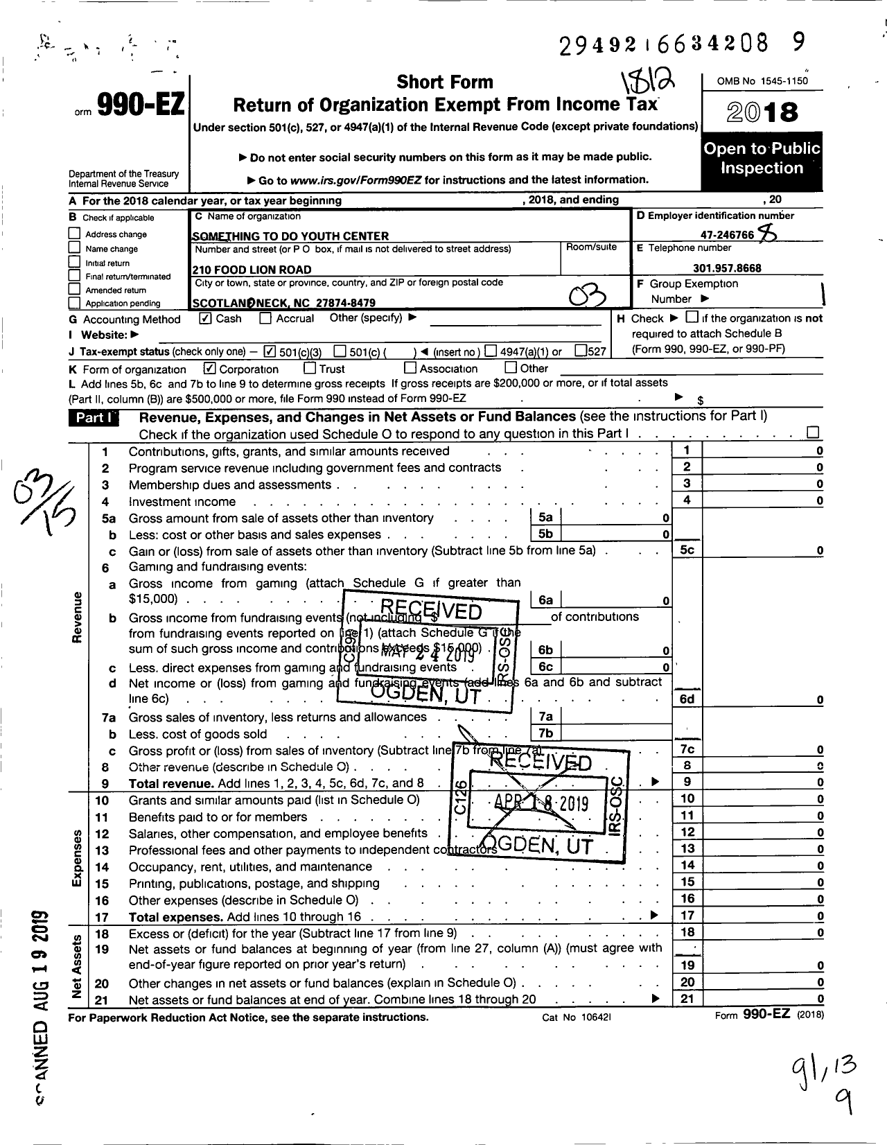 Image of first page of 2018 Form 990EZ for Something To Do Youth Center