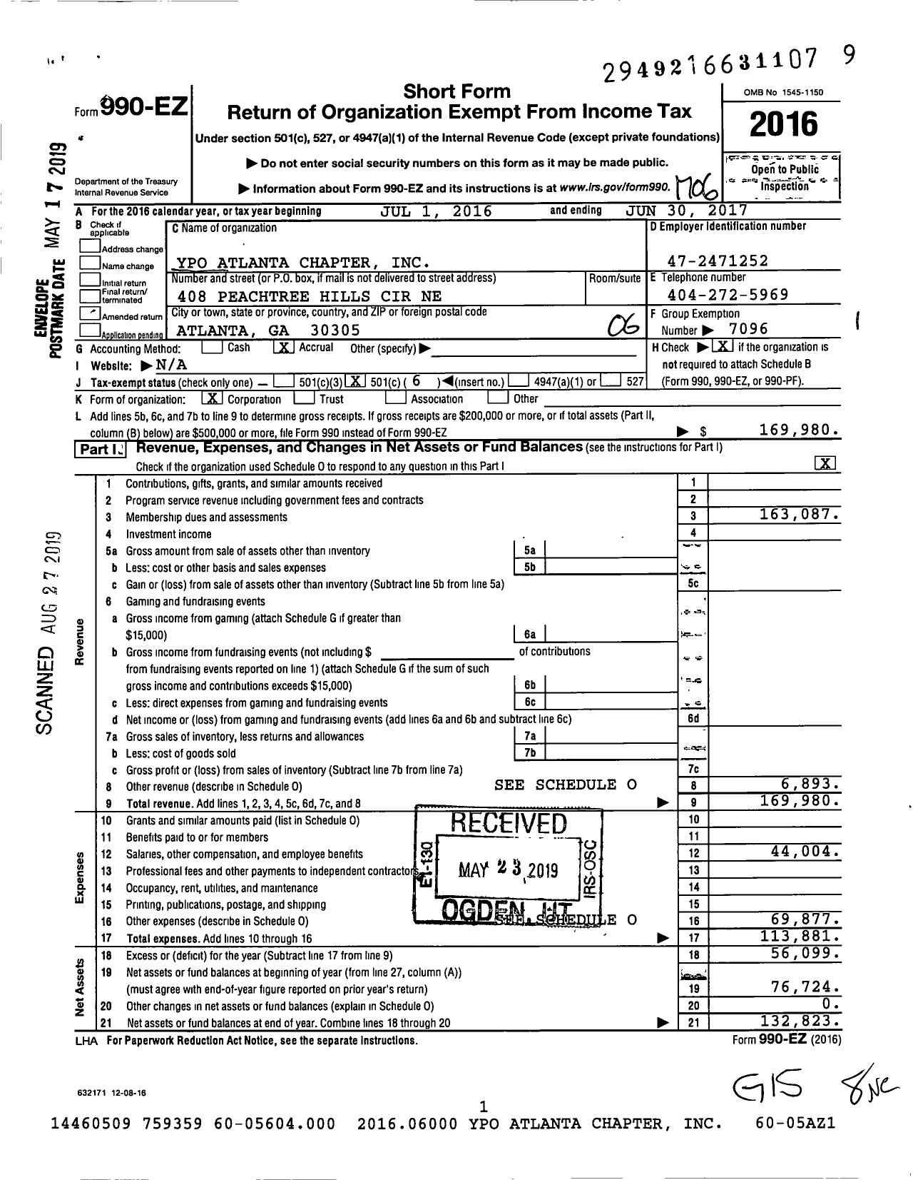 Image of first page of 2016 Form 990EO for Young Presidents' Organization - YPO Atlanta Chapter