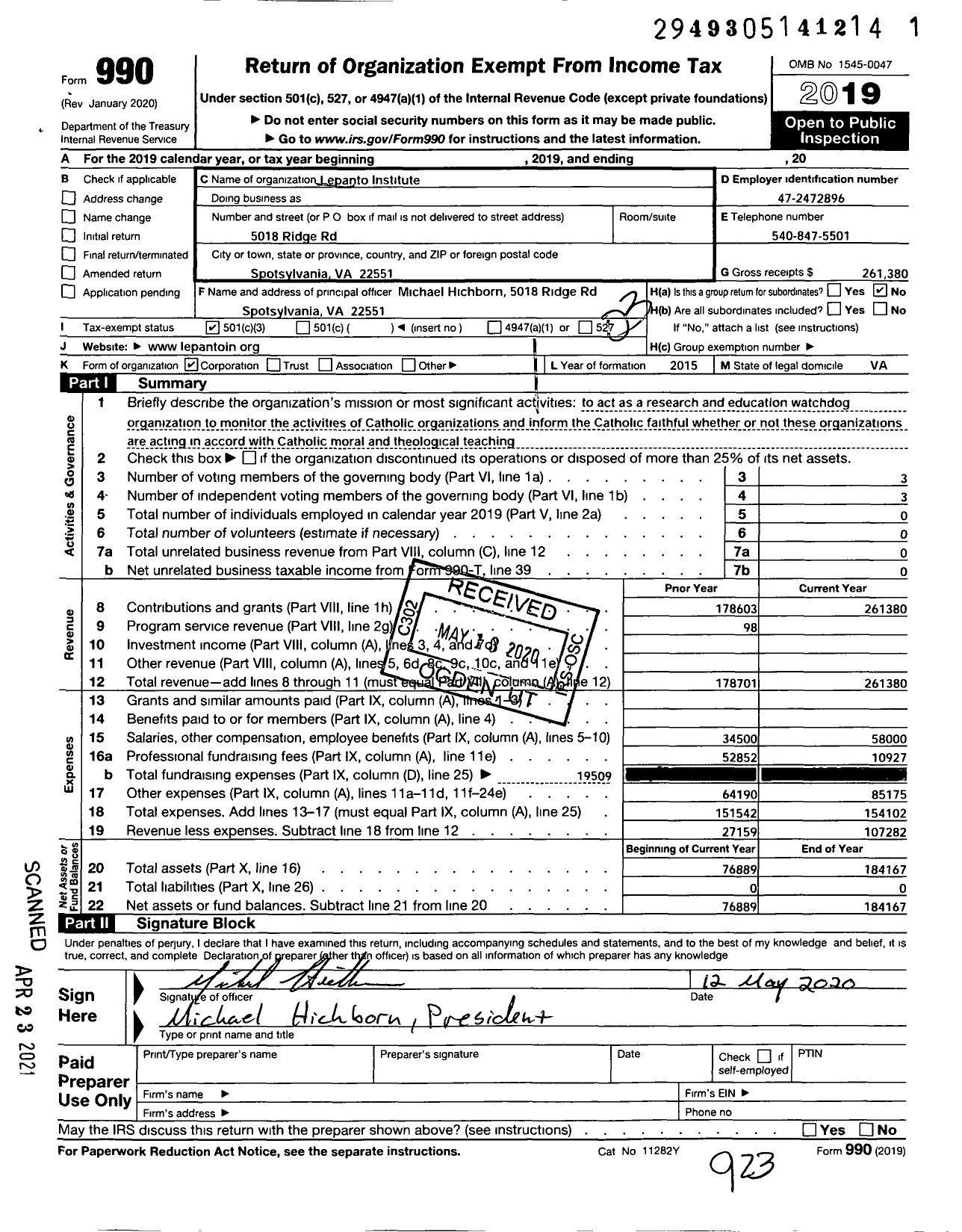 Image of first page of 2019 Form 990 for Lepanto Institute