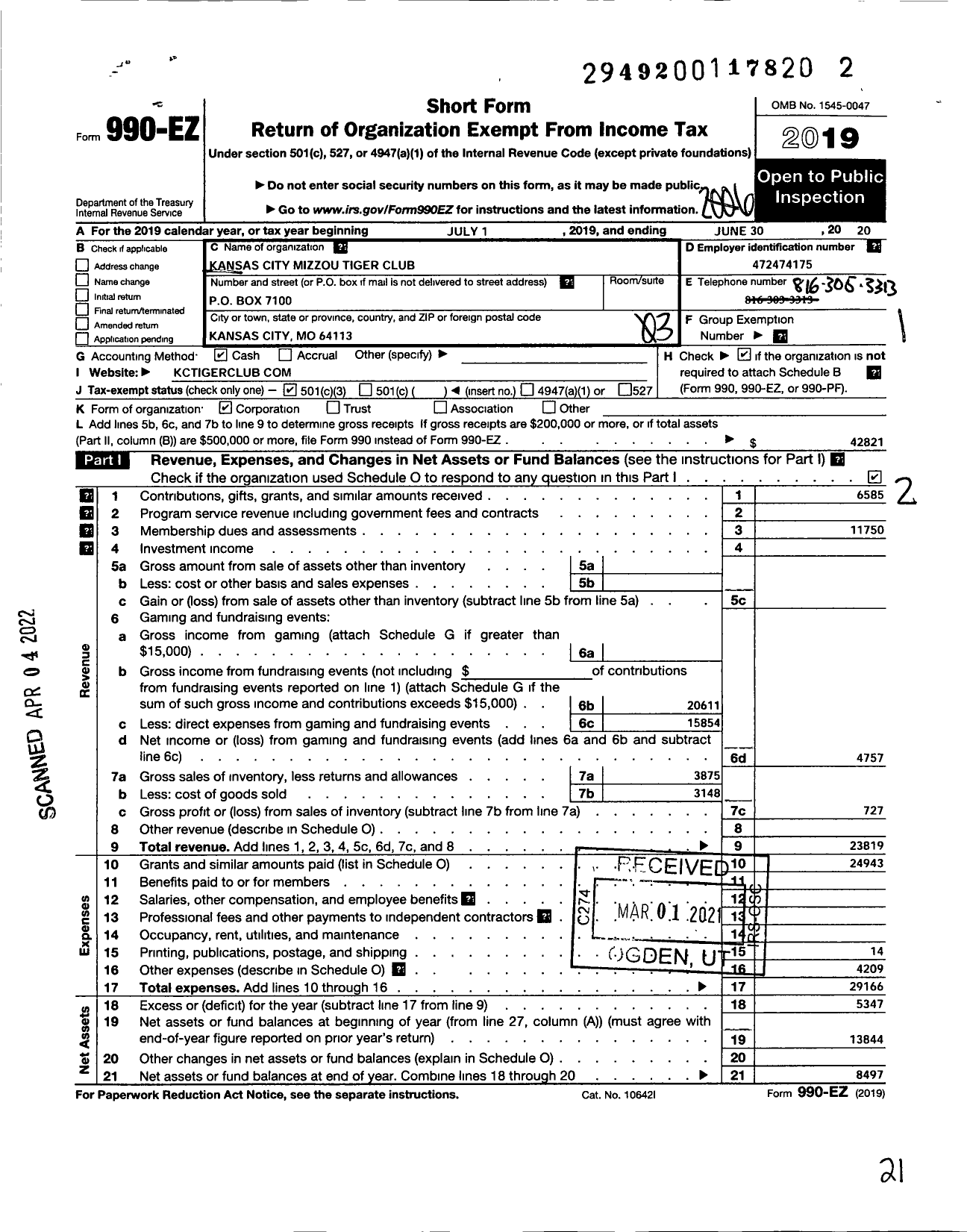 Image of first page of 2019 Form 990EZ for Kansas City Mizzou Tiger Club