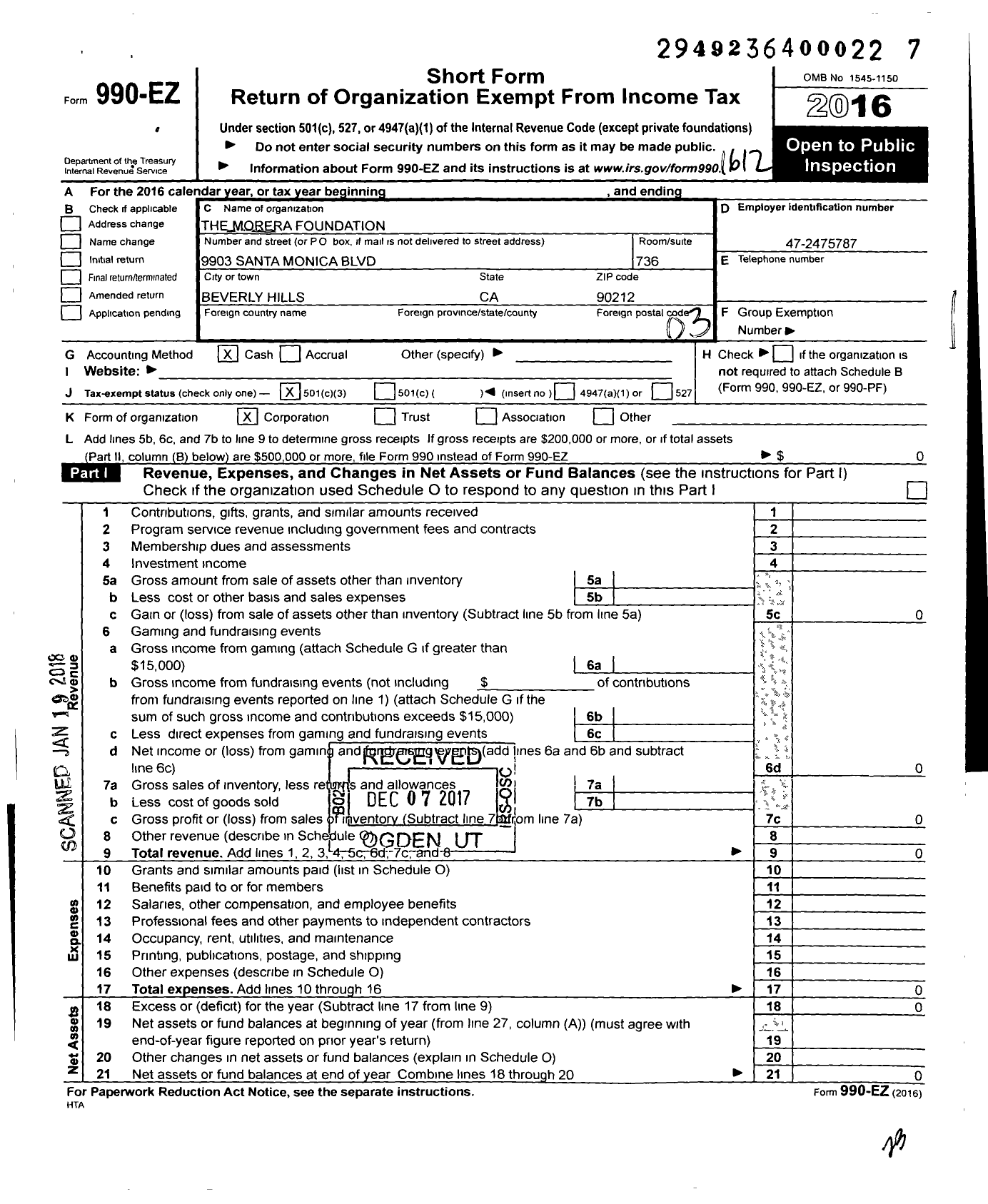 Image of first page of 2016 Form 990EZ for Morera Foundation