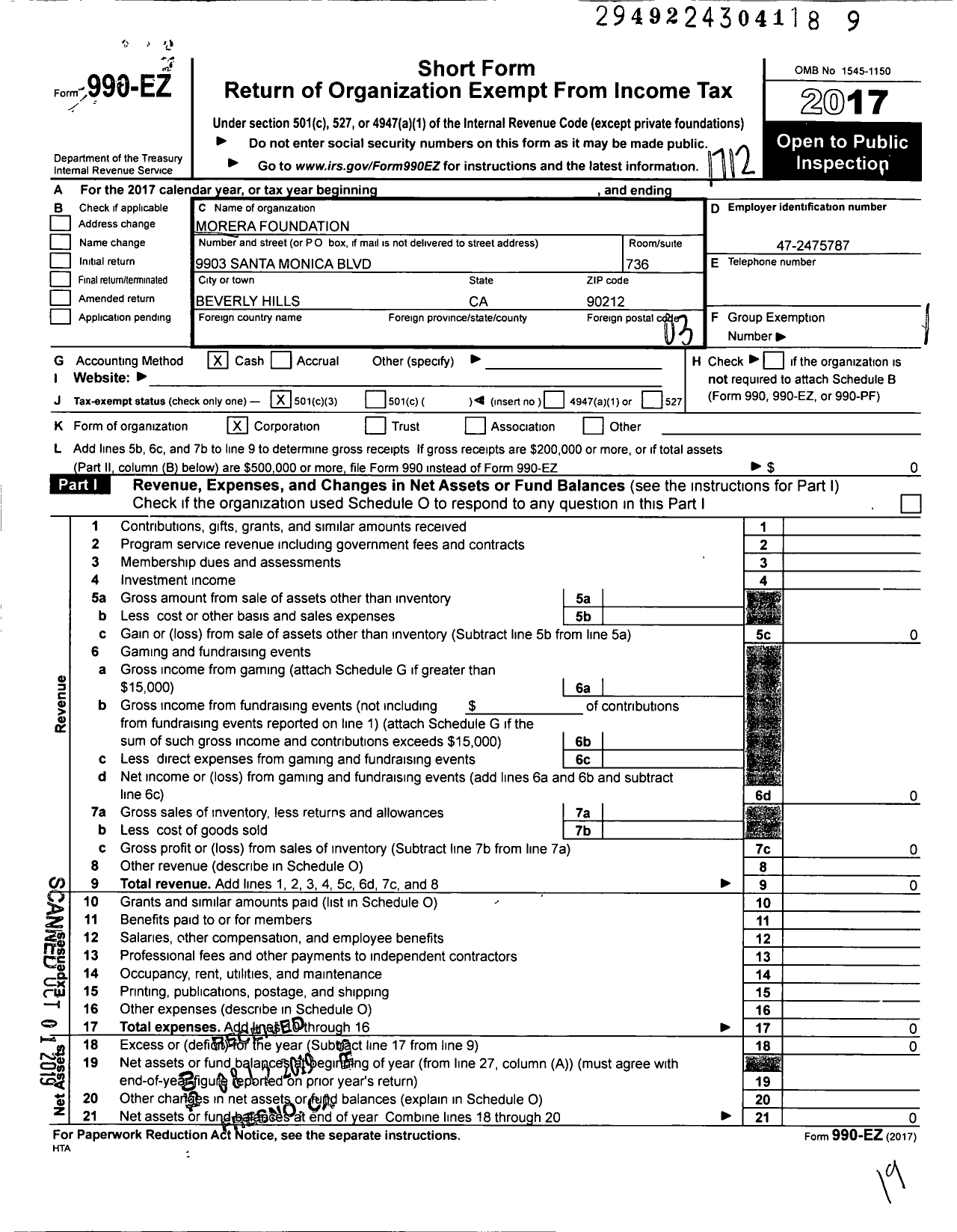 Image of first page of 2017 Form 990EZ for Morera Foundation