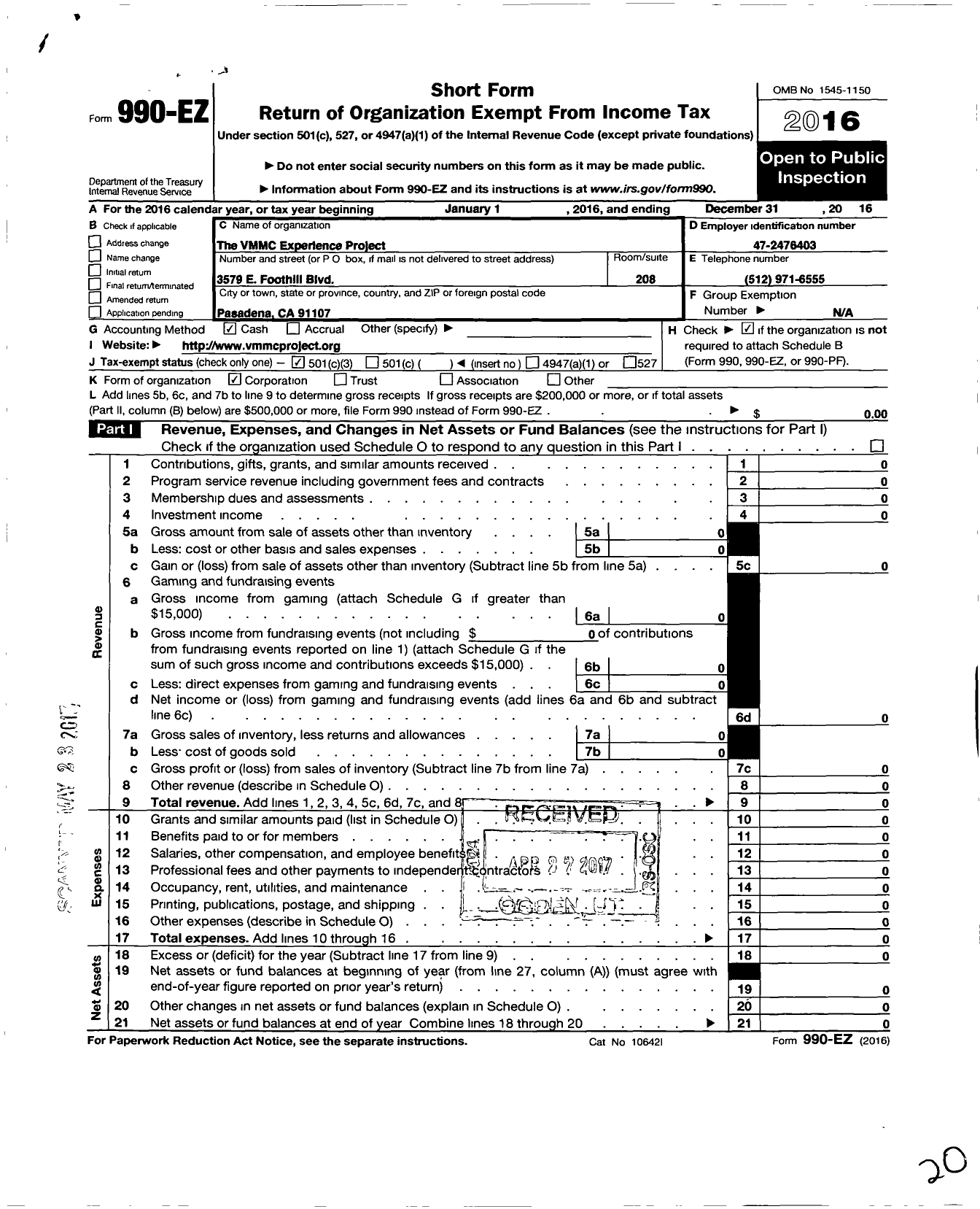 Image of first page of 2016 Form 990EZ for VMMC Experience Project