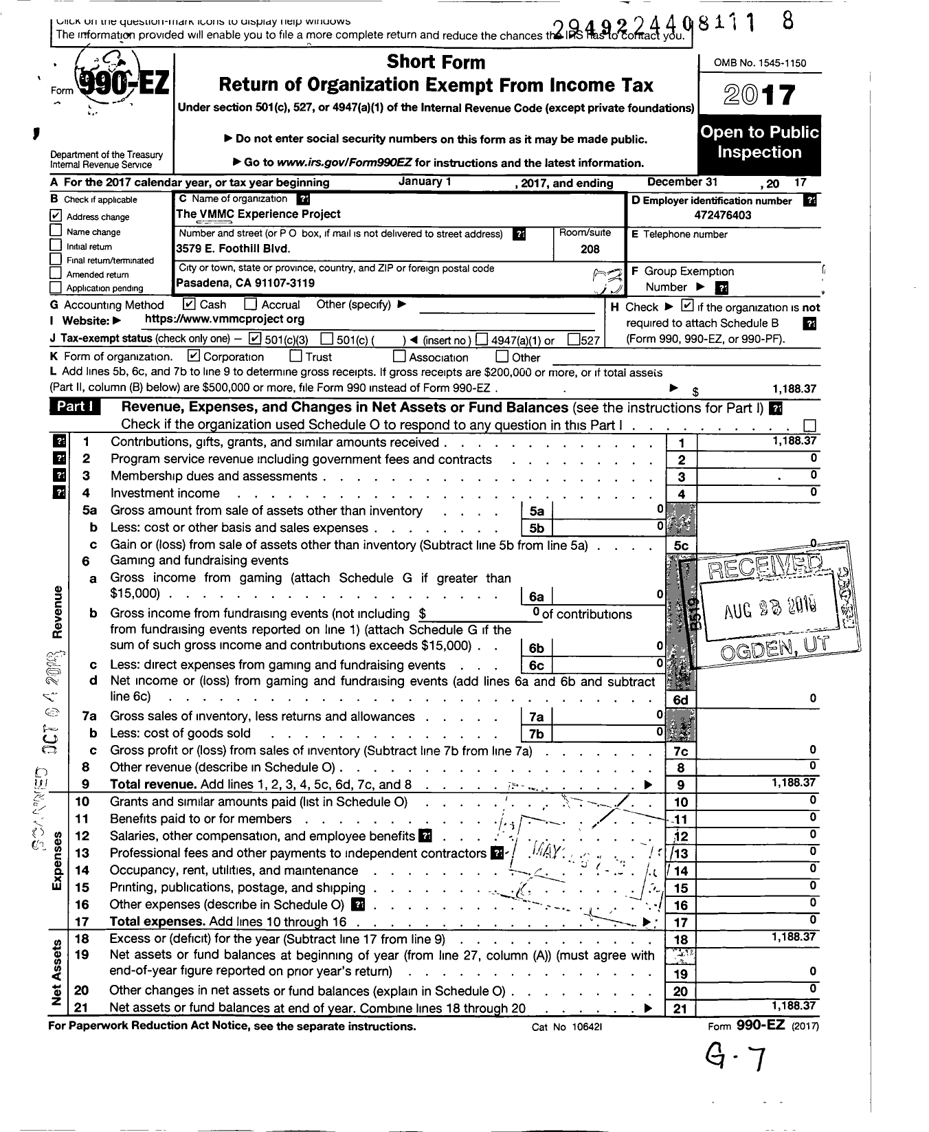 Image of first page of 2017 Form 990EZ for VMMC Experience Project