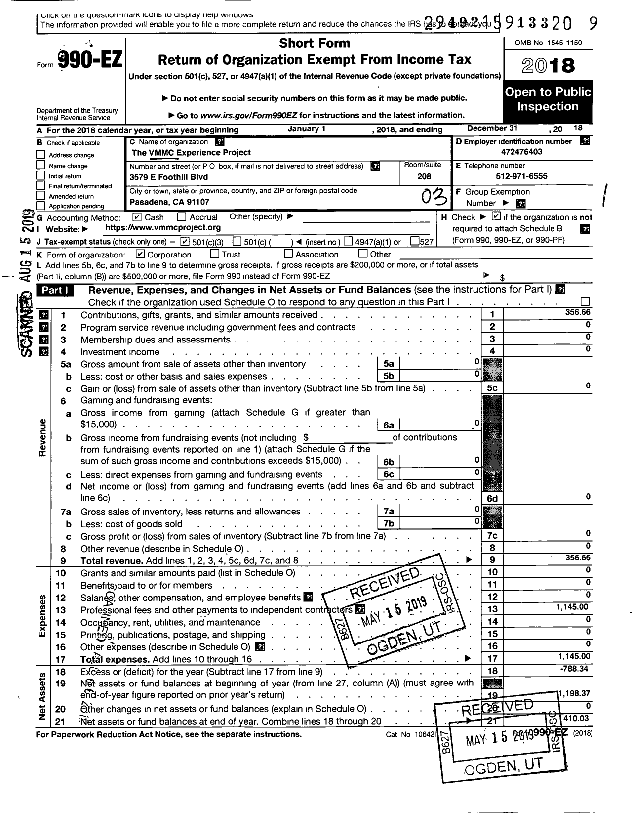 Image of first page of 2018 Form 990EZ for VMMC Experience Project