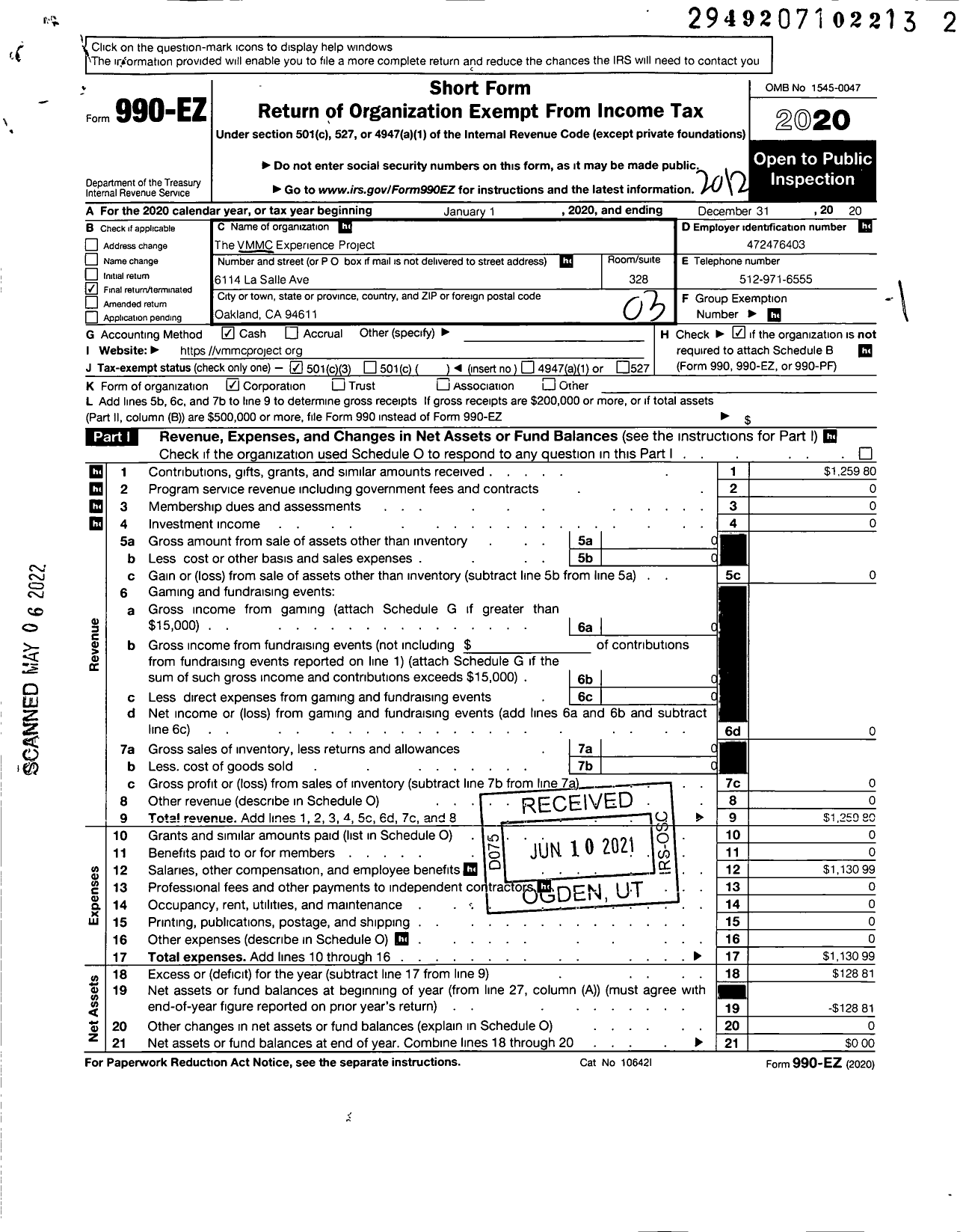 Image of first page of 2020 Form 990EZ for VMMC Experience Project