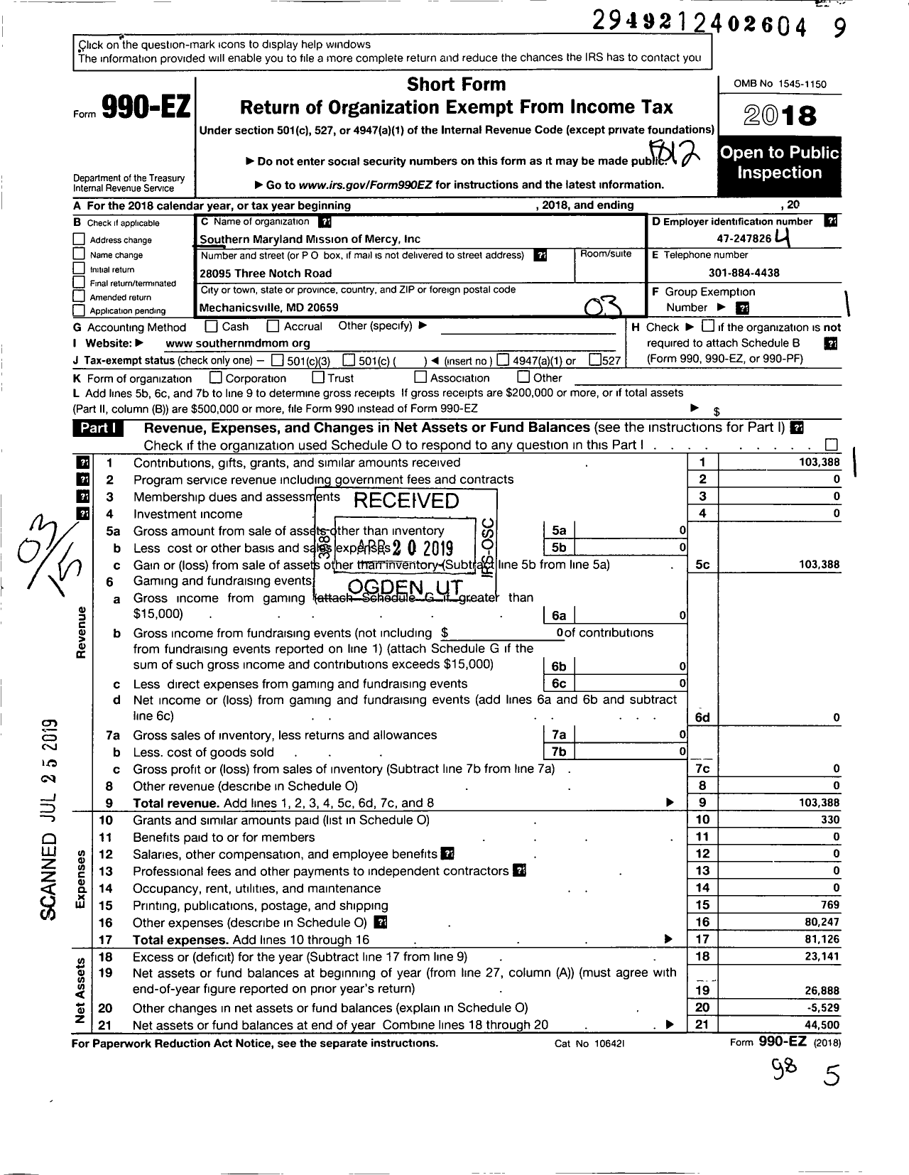 Image of first page of 2018 Form 990EZ for Southern Maryland Mission of Mercy