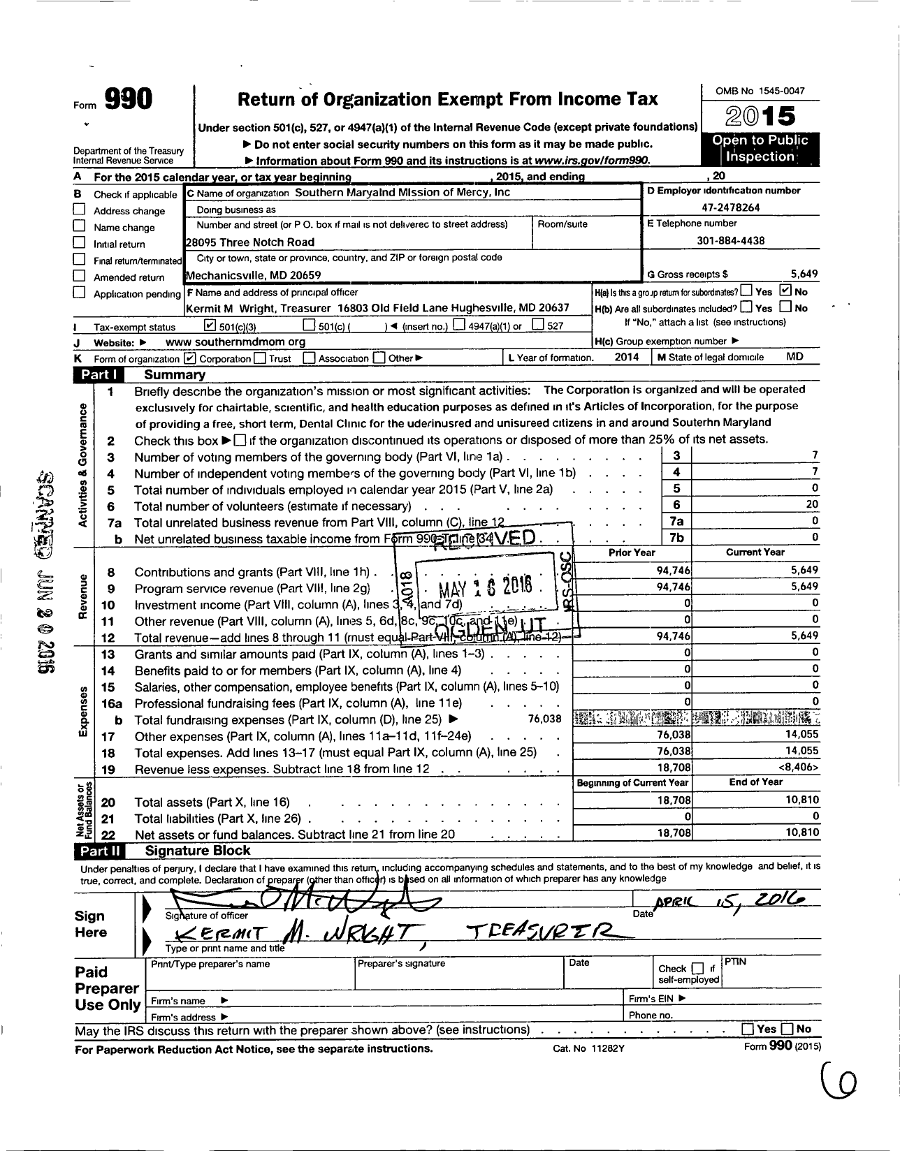 Image of first page of 2015 Form 990 for Southern Maryland Mission of Mercy