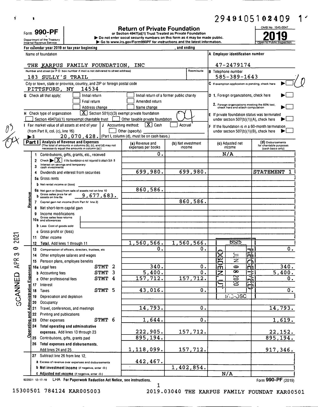 Image of first page of 2019 Form 990PF for The Karpus Family Foundation