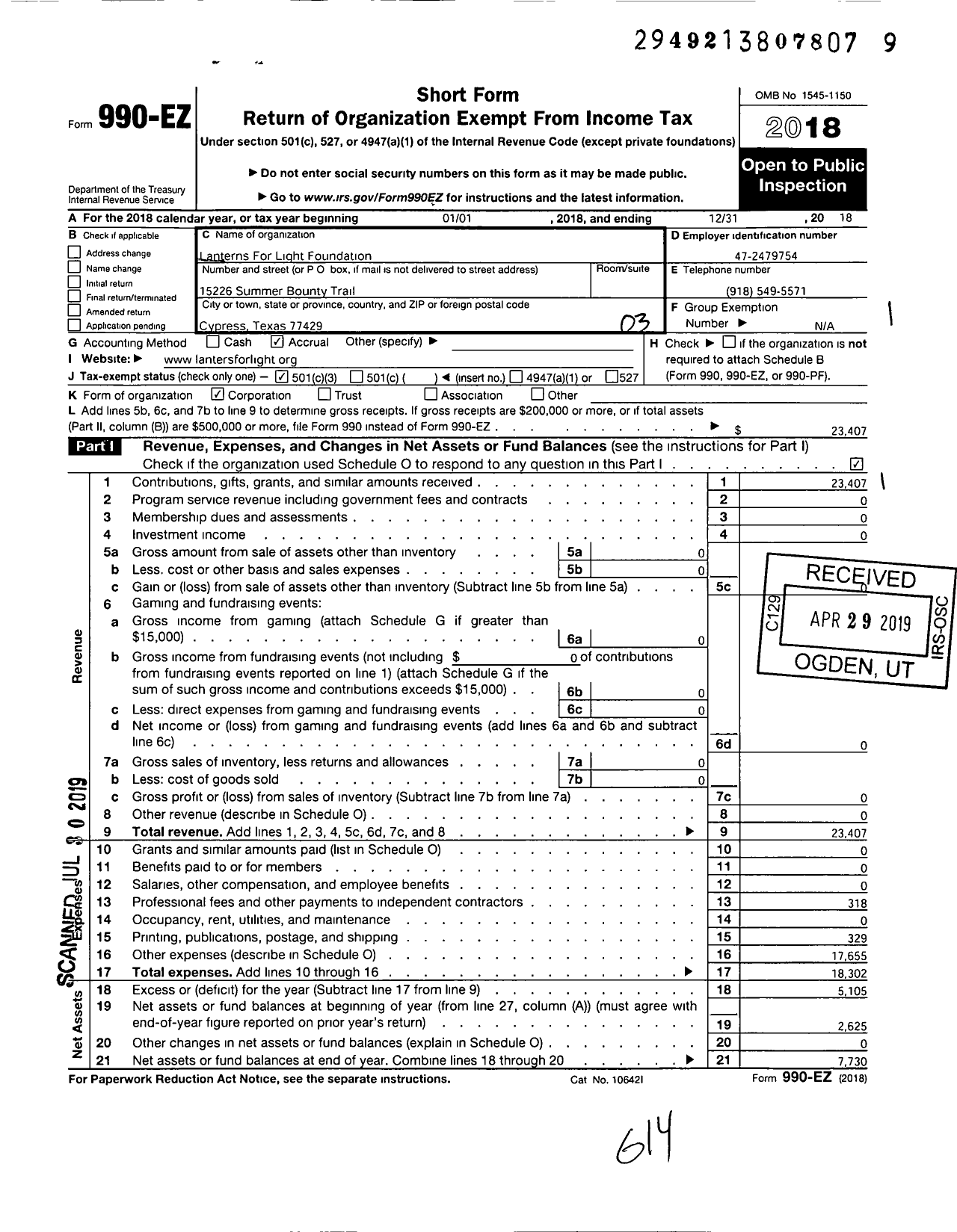Image of first page of 2018 Form 990EZ for Lanterns for Light Foundation