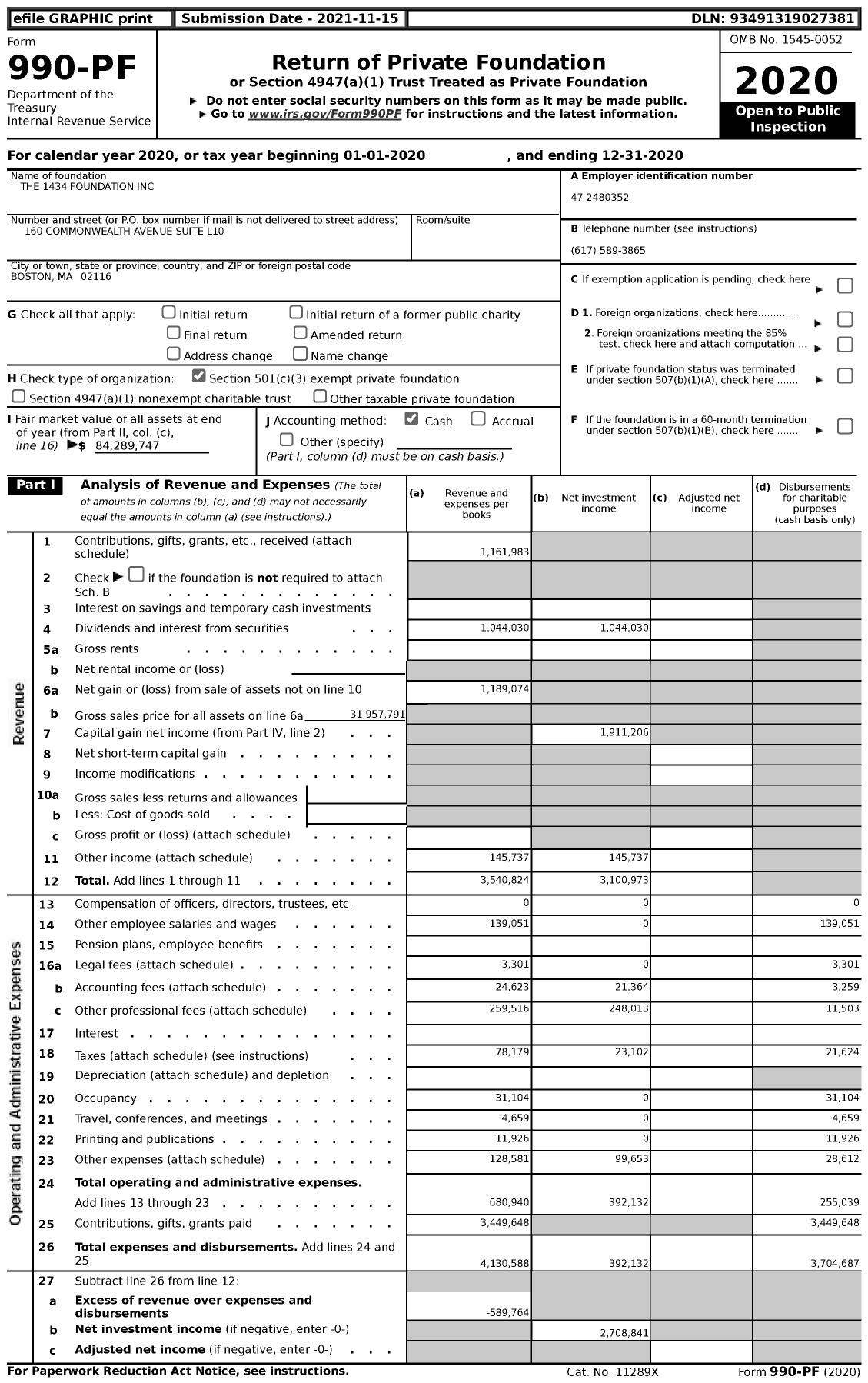 Image of first page of 2020 Form 990PF for The 1434 Foundation