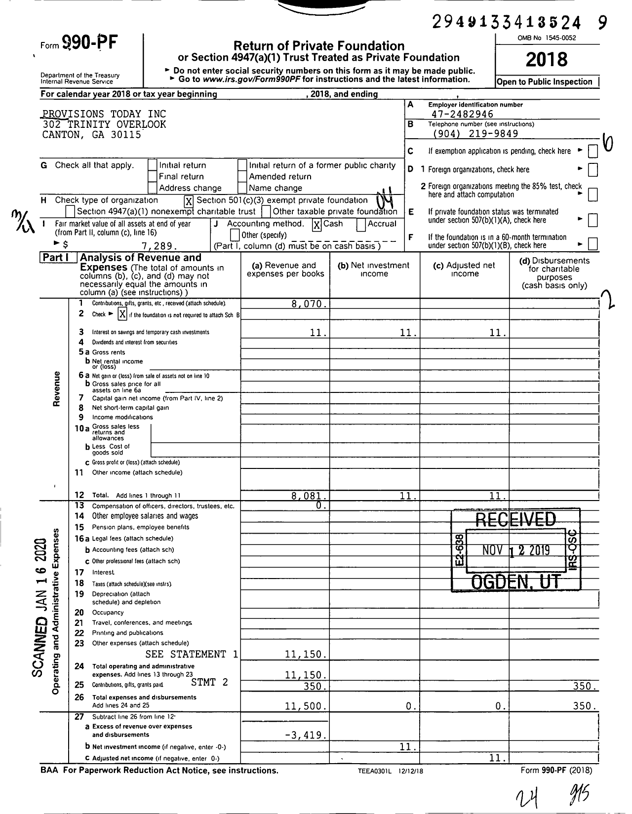 Image of first page of 2018 Form 990PF for Provisions Today