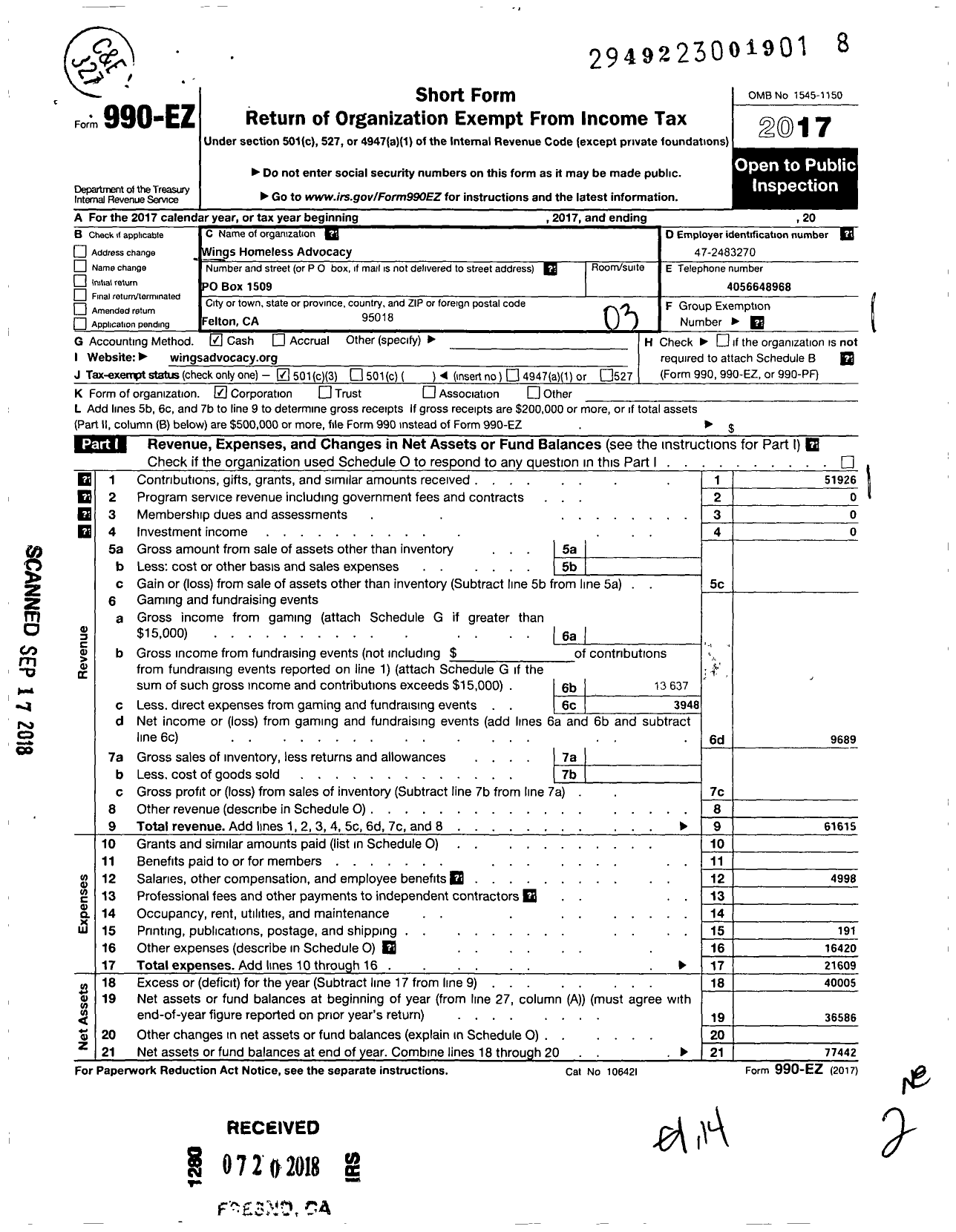 Image of first page of 2017 Form 990EZ for Wings Homeless Advocacy