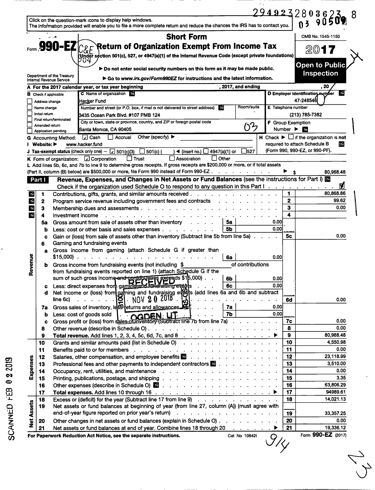 Image of first page of 2017 Form 990EZ for Hacker Fund