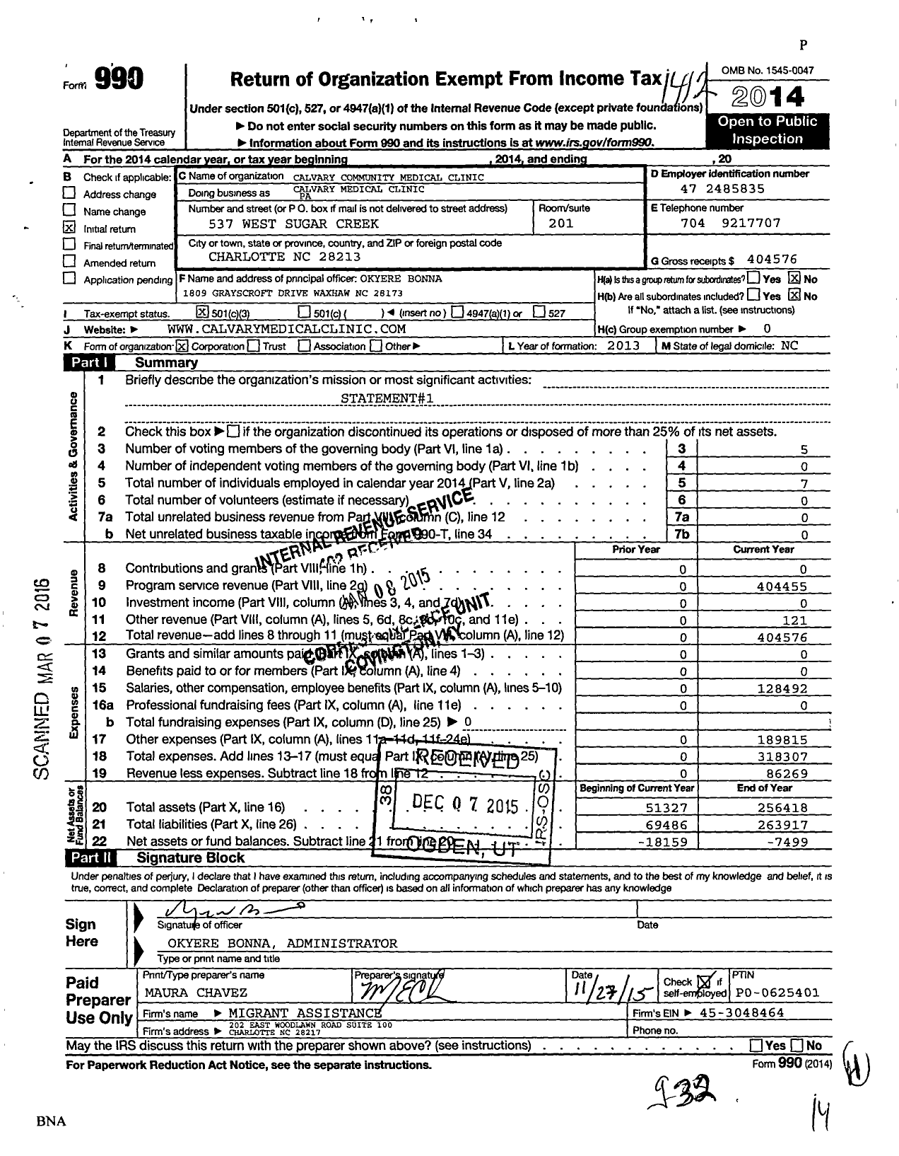 Image of first page of 2014 Form 990 for Calvary Community Medical Clinic