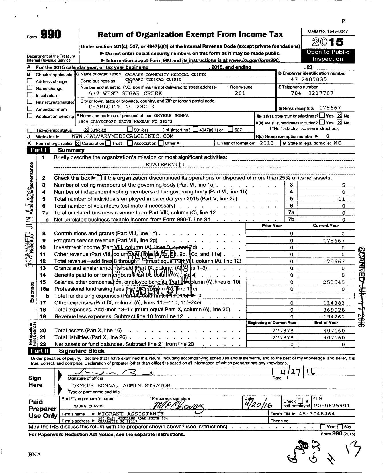 Image of first page of 2015 Form 990 for Calvary Community Medical Clinic