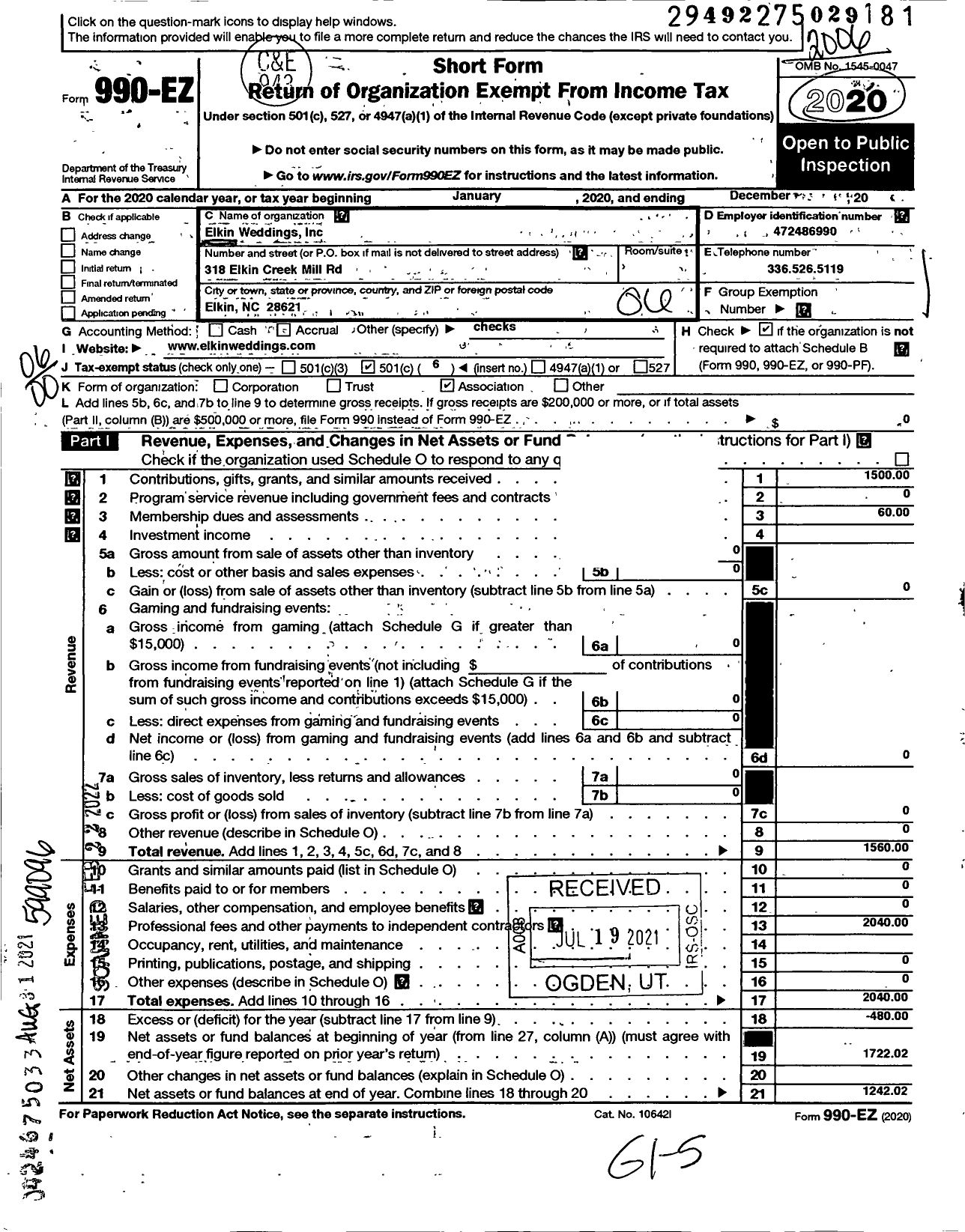 Image of first page of 2020 Form 990EO for Elkin Weddings