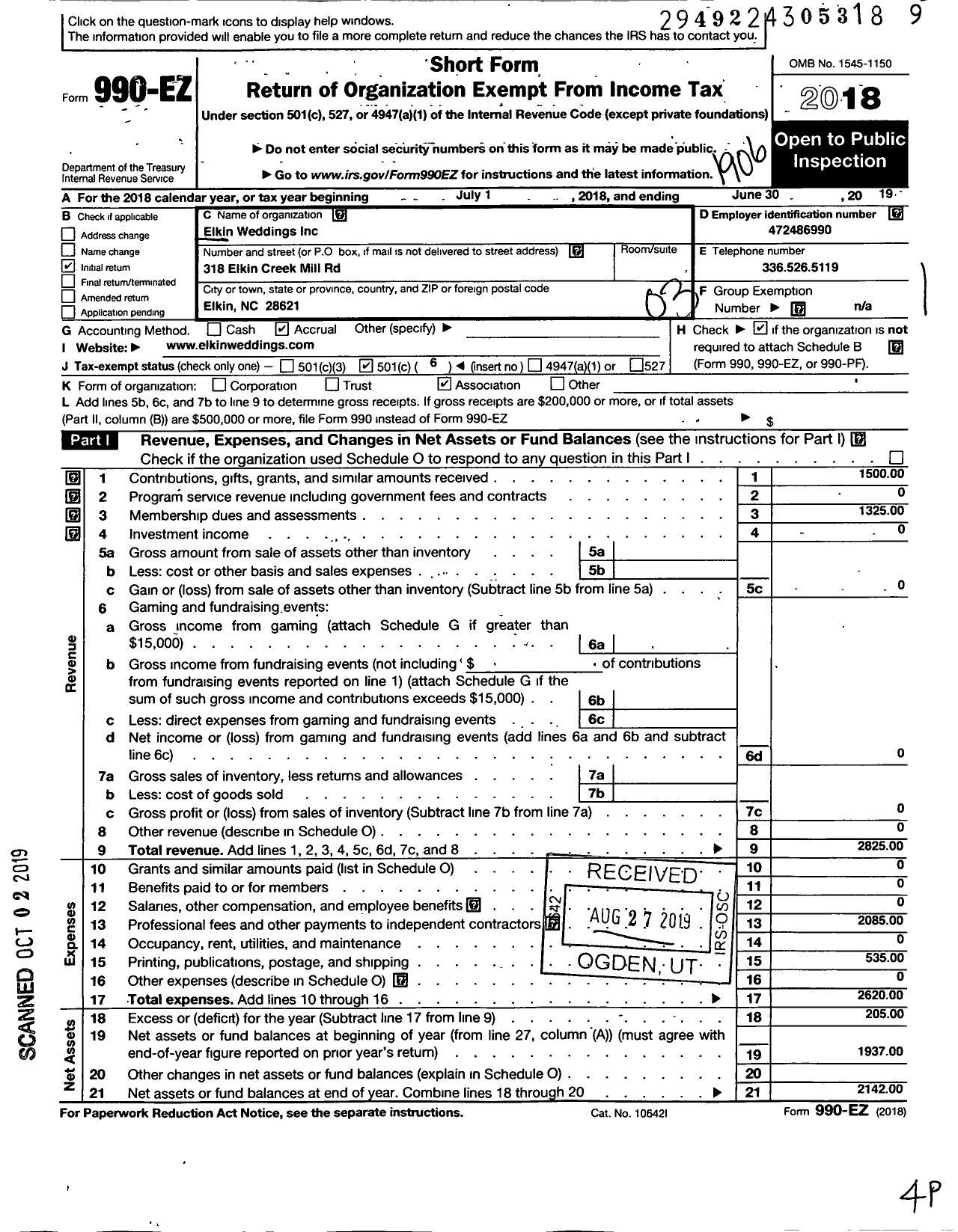 Image of first page of 2018 Form 990EZ for Elkin Weddings