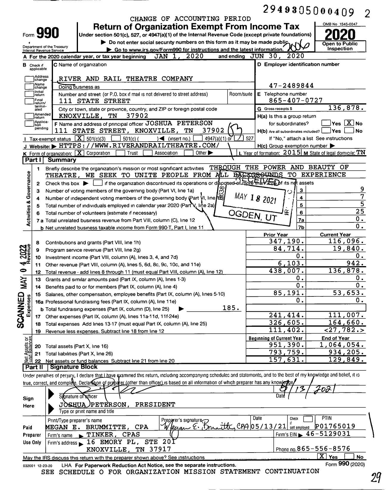 Image of first page of 2019 Form 990 for River and Rail Theatre Company