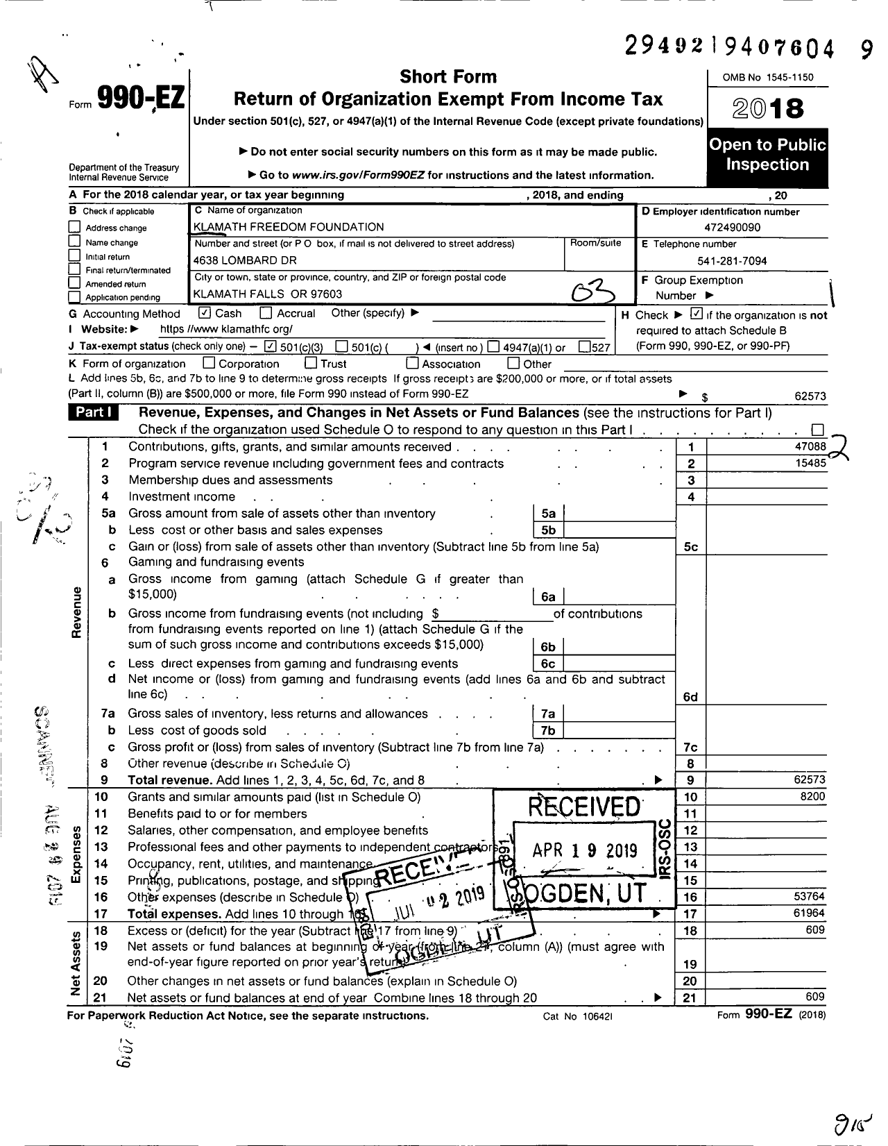 Image of first page of 2018 Form 990EZ for Klamath Freedom Foundation