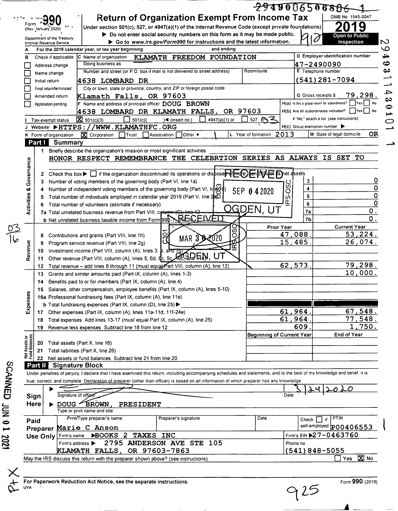 Image of first page of 2019 Form 990 for Klamath Freedom Foundation