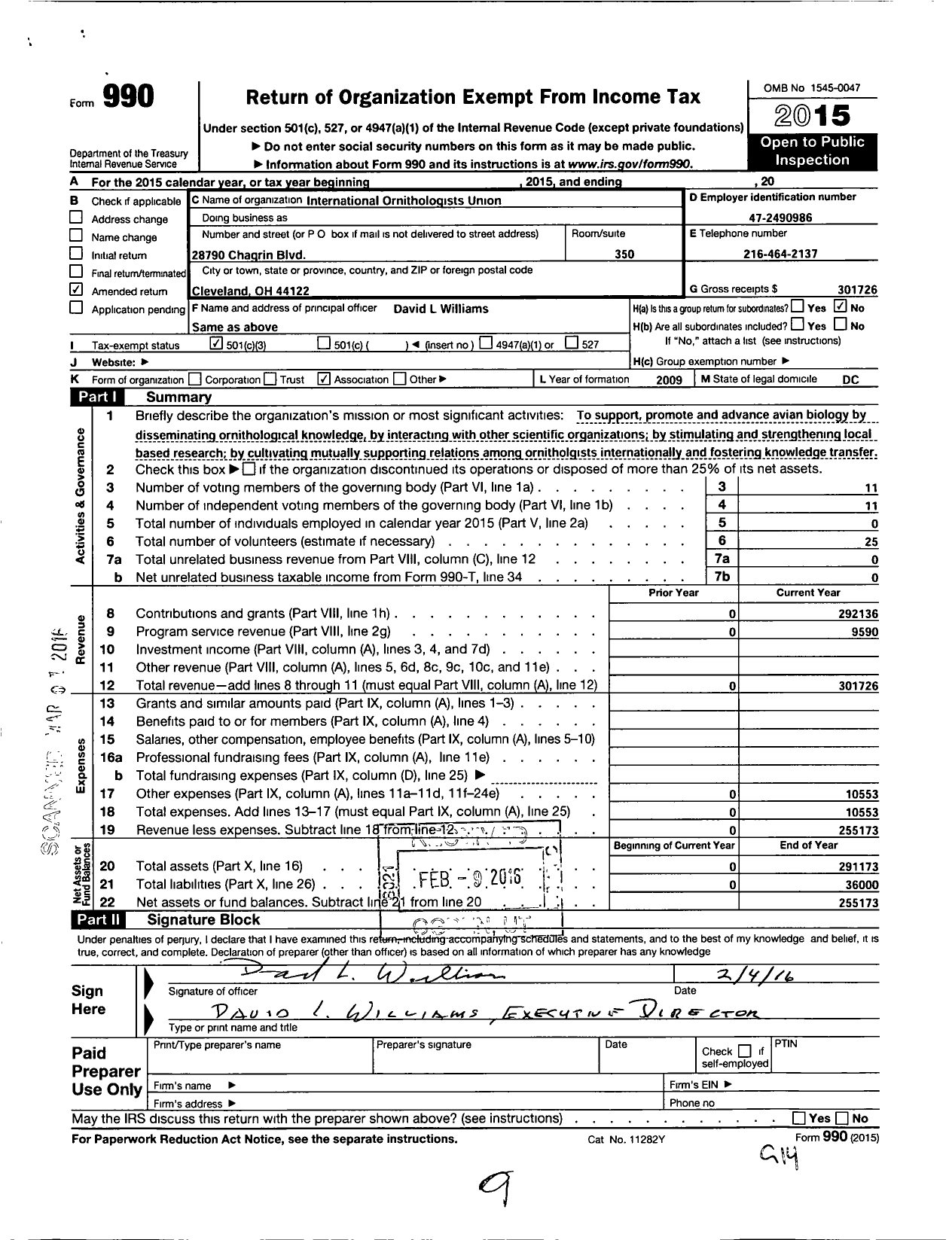 Image of first page of 2015 Form 990 for International Ornithologists Union