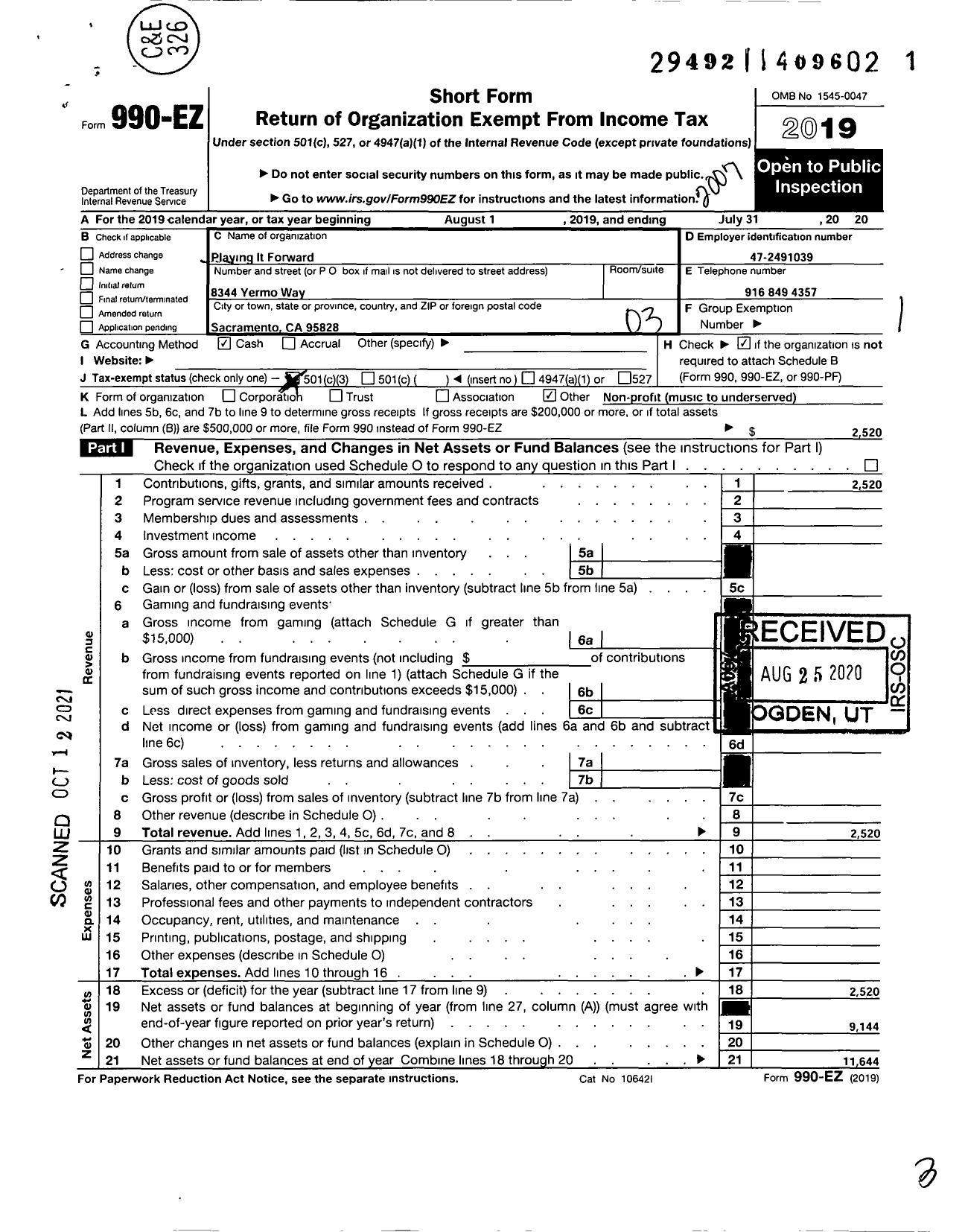 Image of first page of 2019 Form 990EZ for Playing It Forward