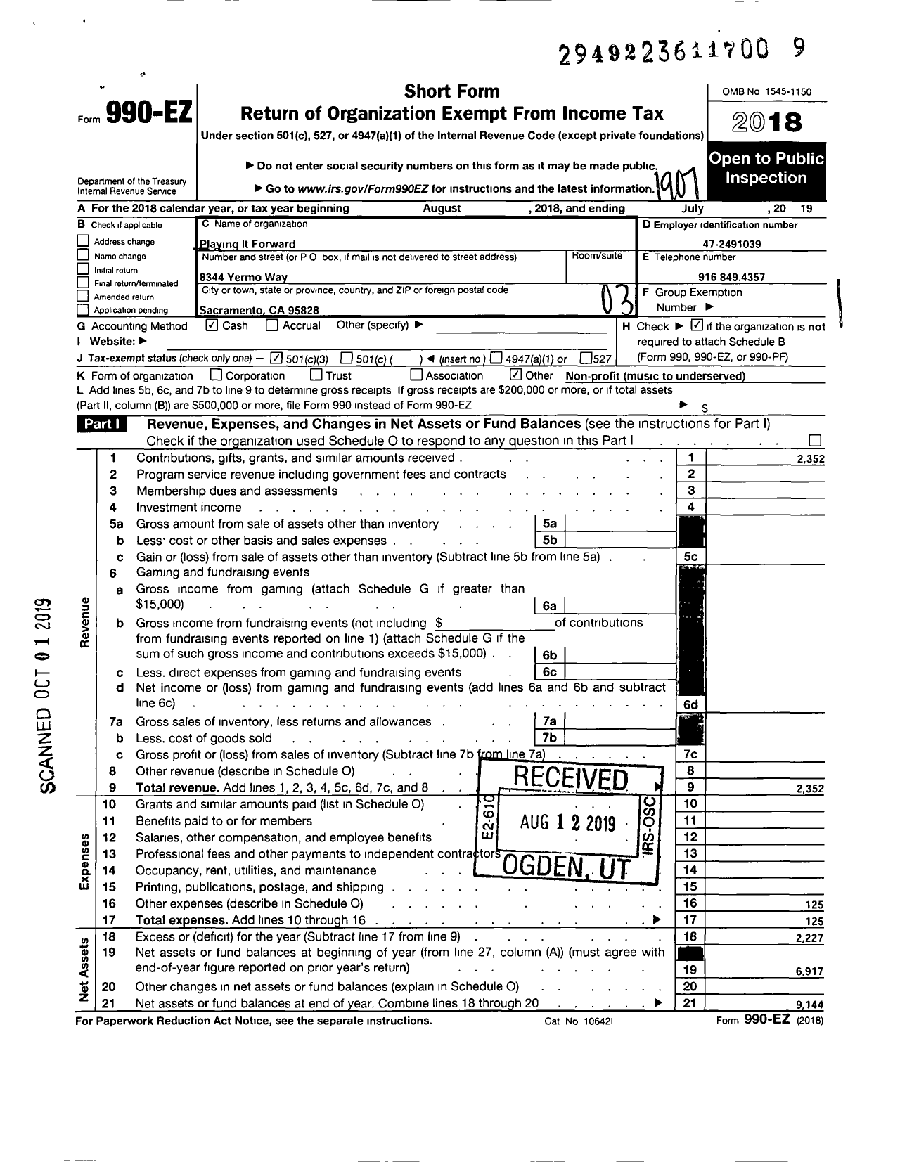 Image of first page of 2018 Form 990EZ for Playing It Forward