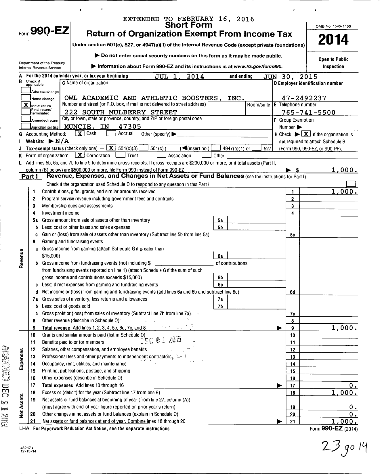 Image of first page of 2014 Form 990EZ for Owl Academic and Athletic Boosters