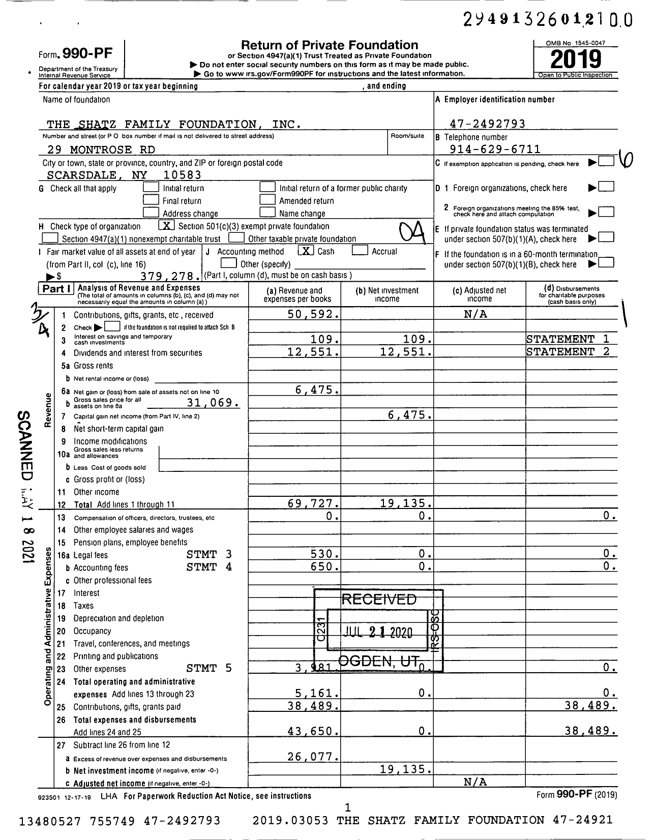 Image of first page of 2019 Form 990PF for The Shatz Family Foundation