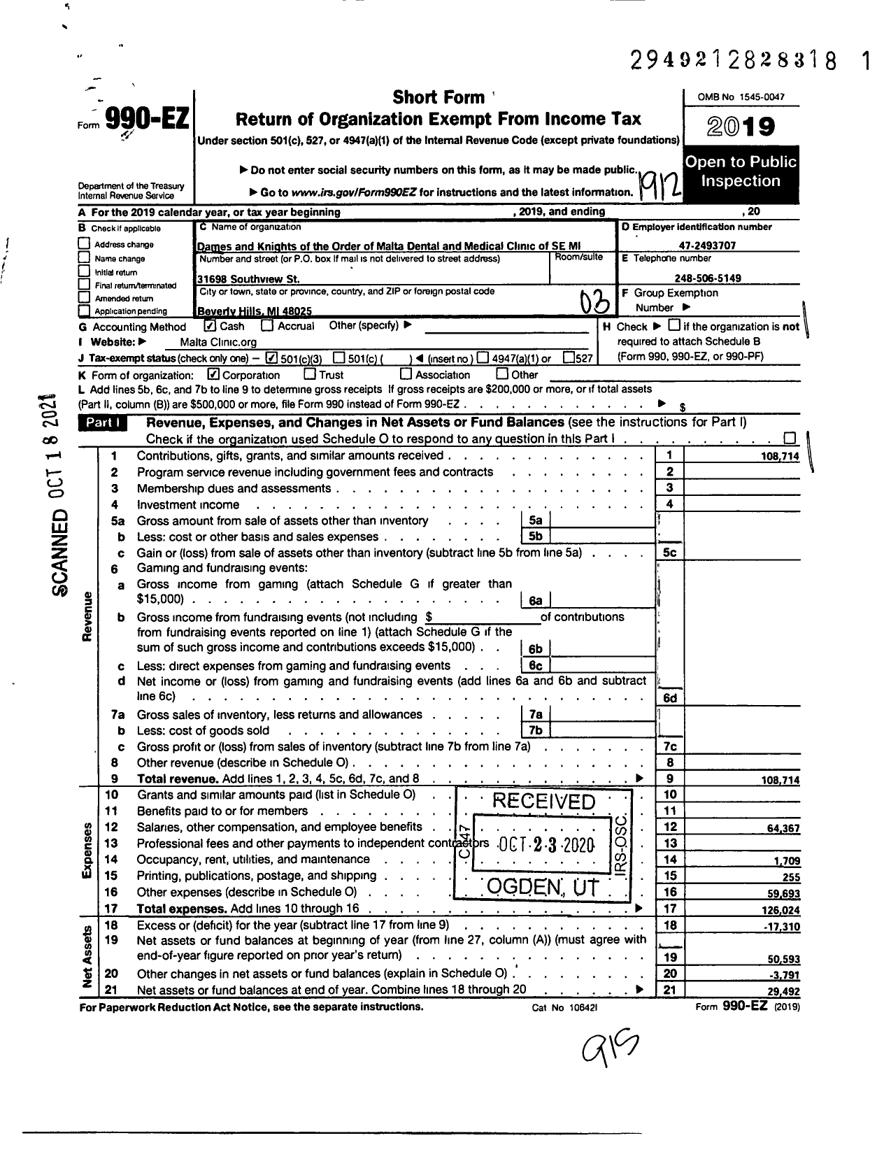 Image of first page of 2019 Form 990EZ for Malta Dental and Medical Clinic