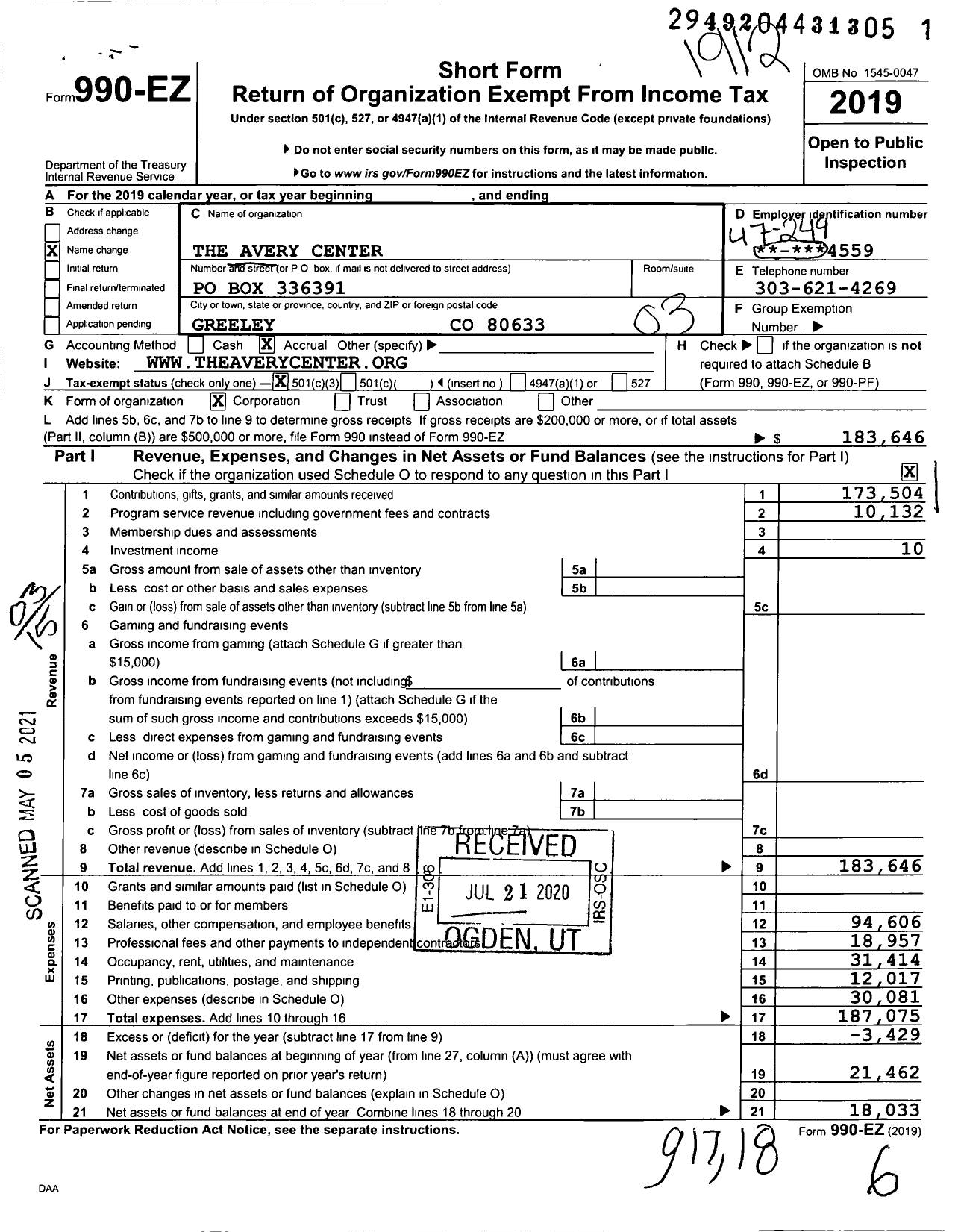 Image of first page of 2019 Form 990EZ for The Avery Center