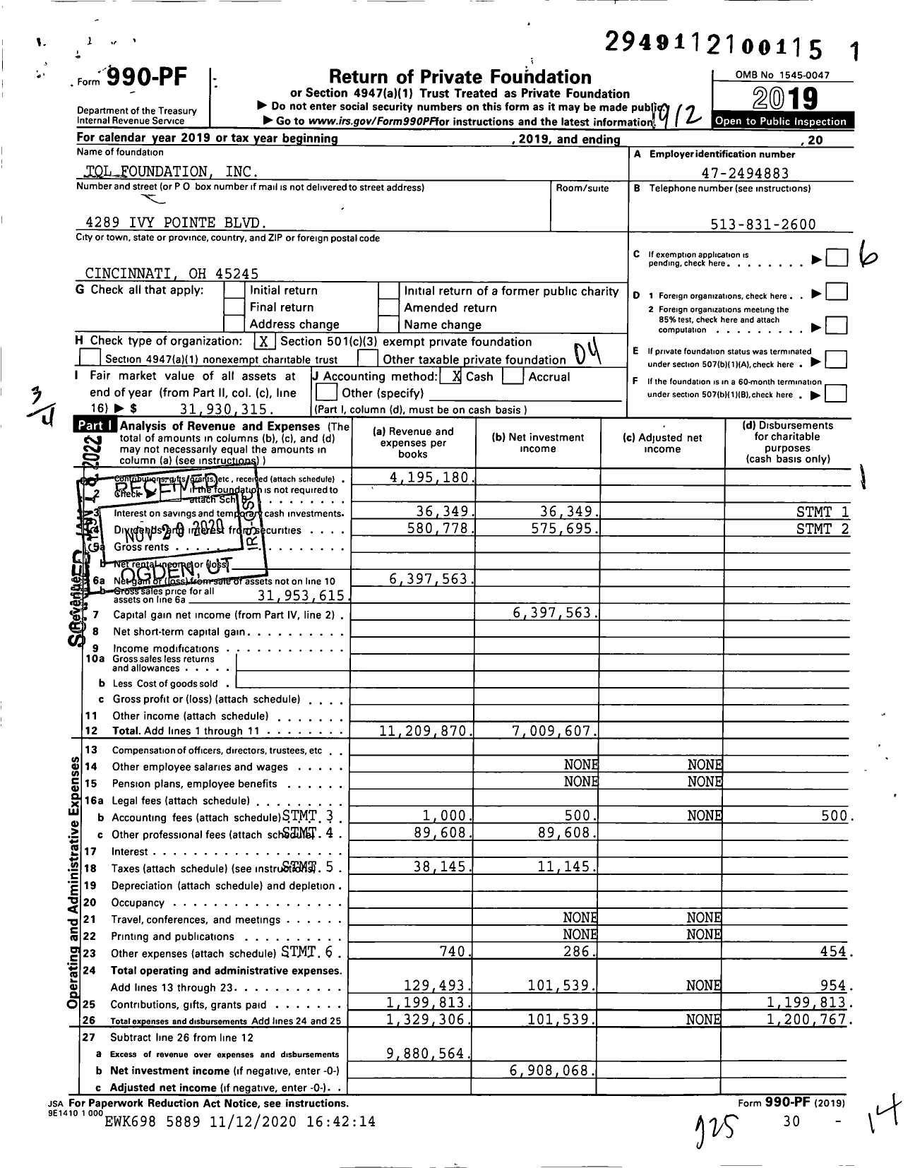 Image of first page of 2019 Form 990PF for TQL Foundation