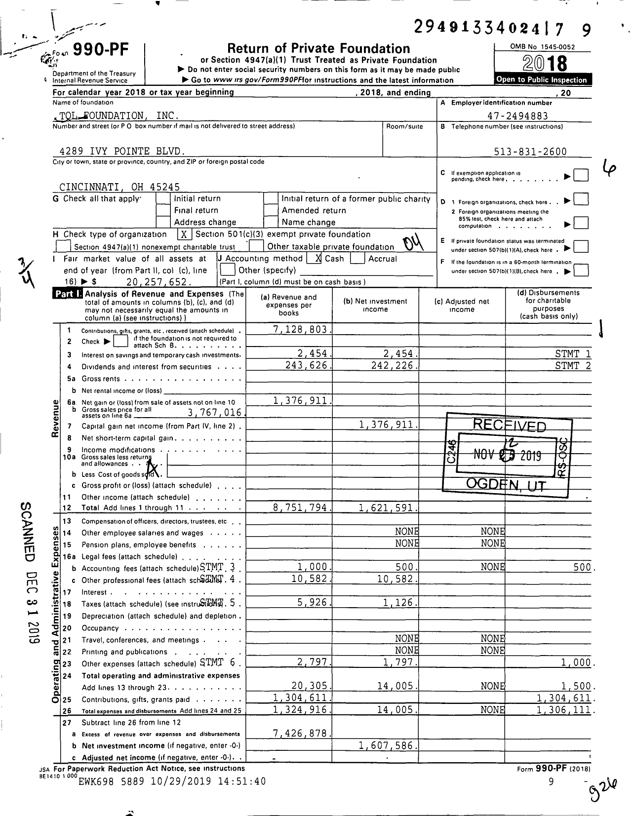 Image of first page of 2018 Form 990PF for TQL Foundation