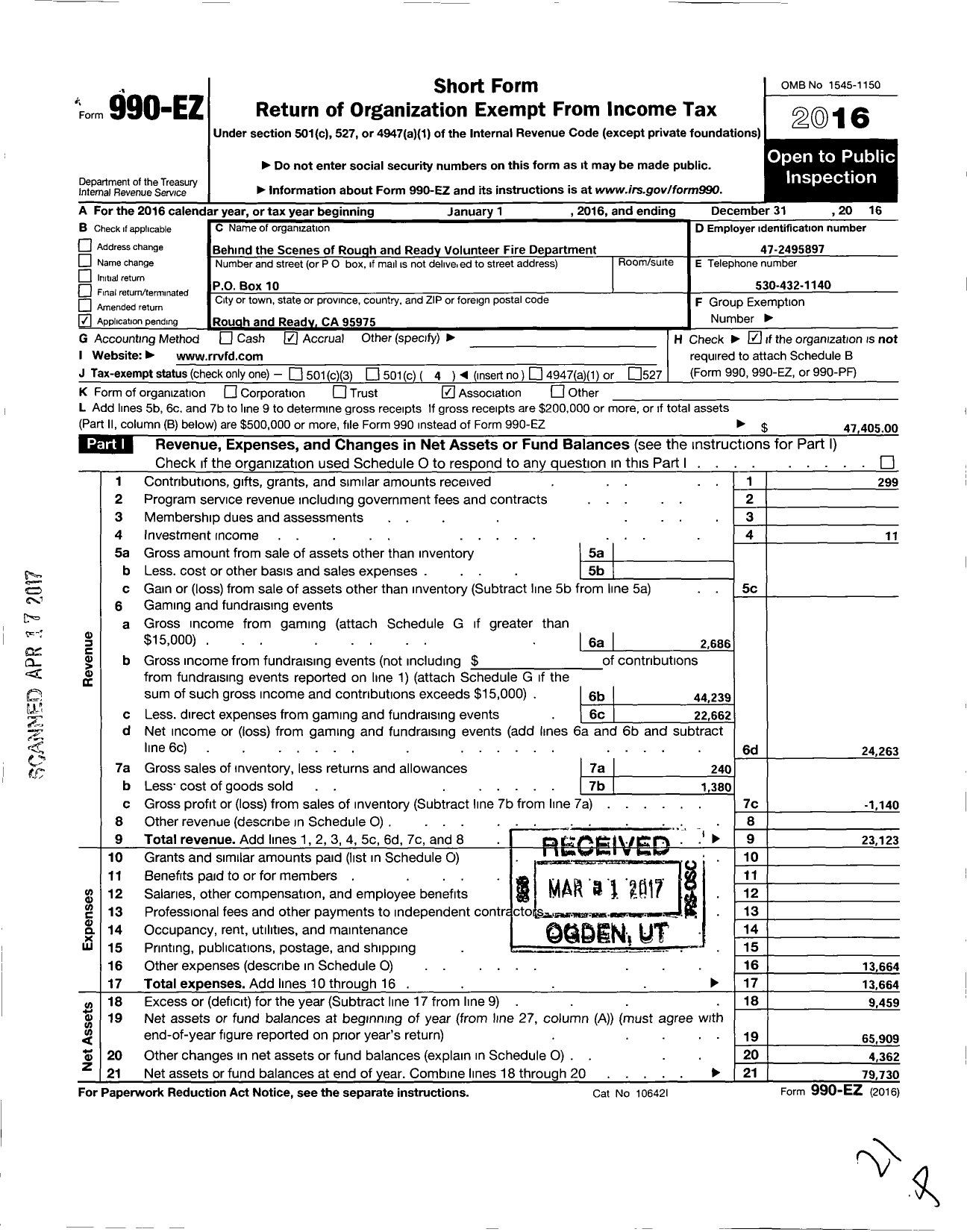 Image of first page of 2016 Form 990EO for Behind the Scenes of Rough and Ready Fire Department