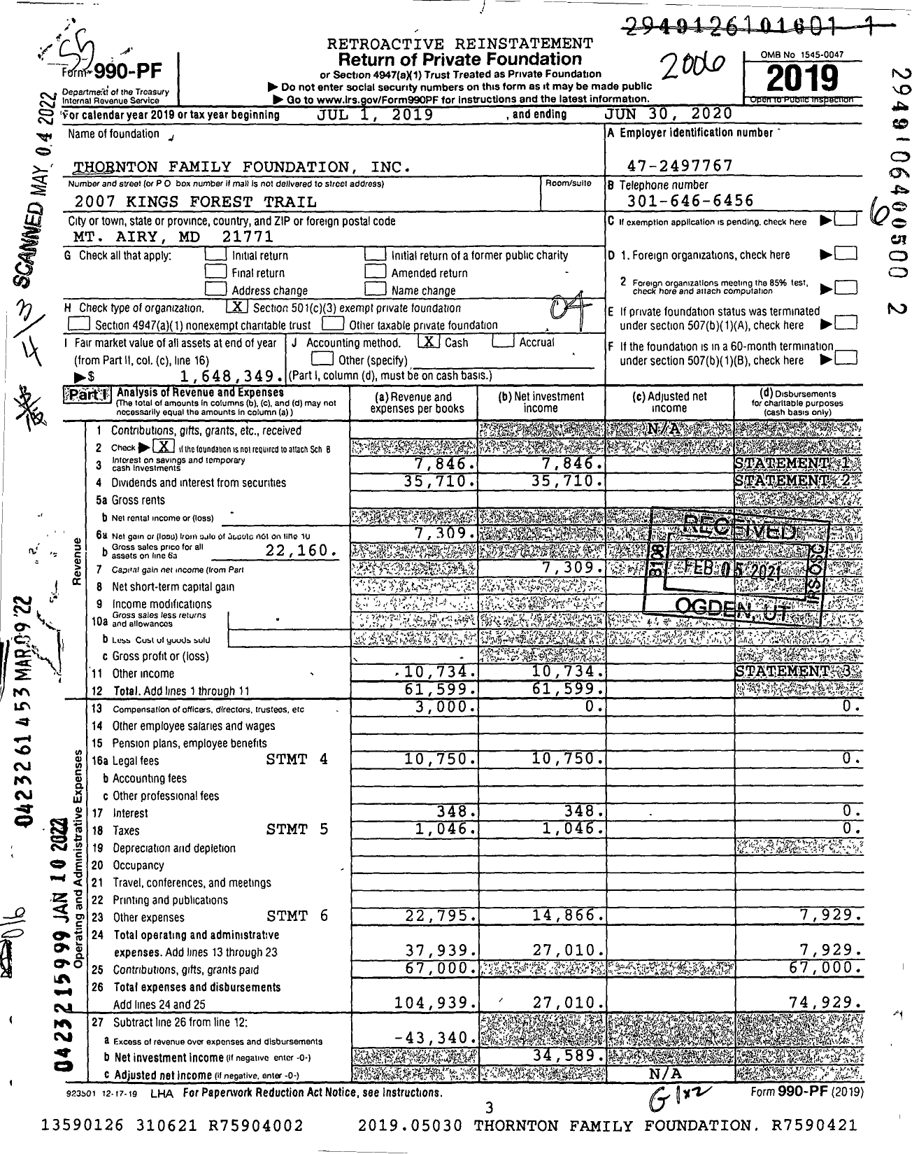 Image of first page of 2019 Form 990PF for Thornton Family Foundation