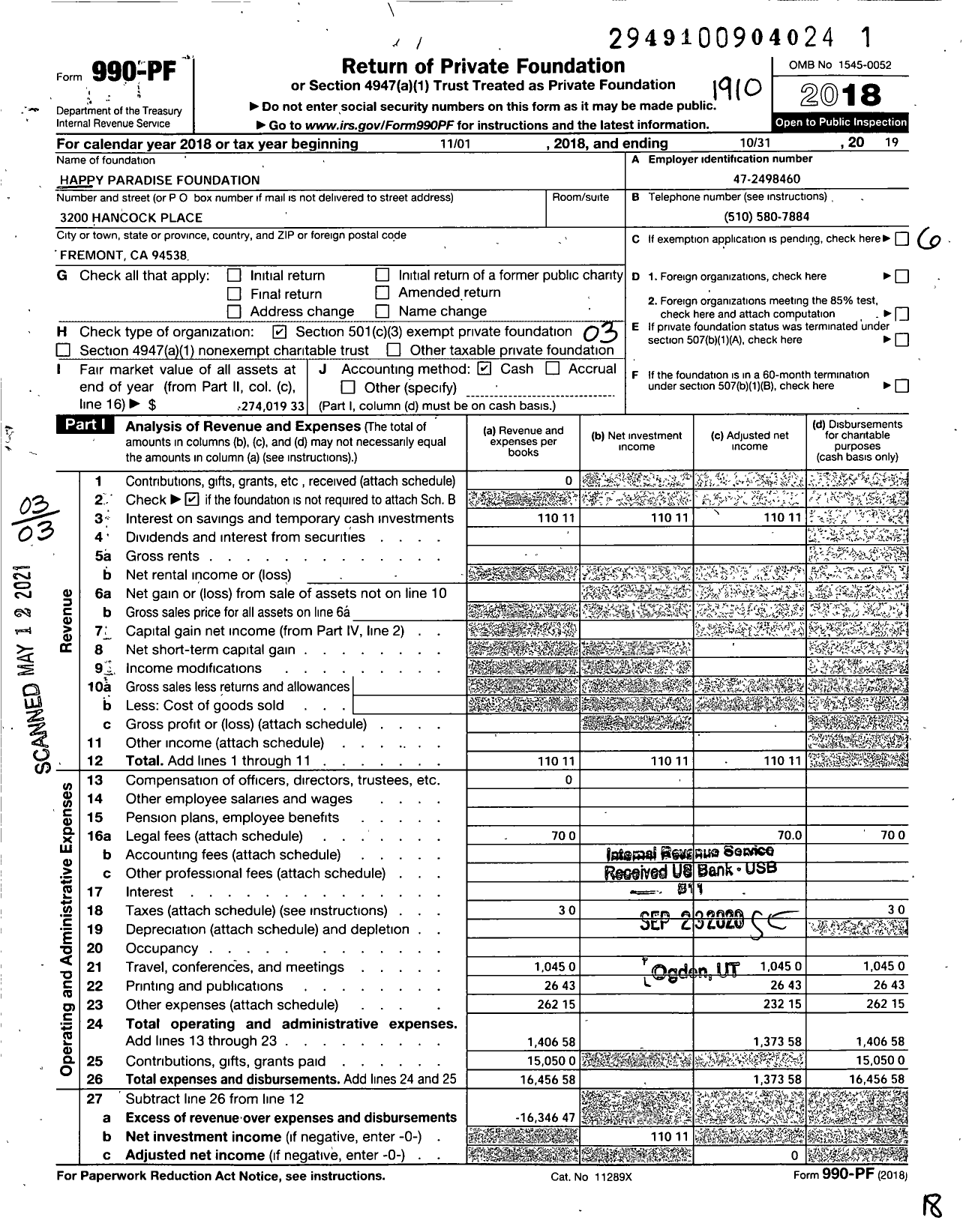 Image of first page of 2018 Form 990PF for Happy Paradise Foundation