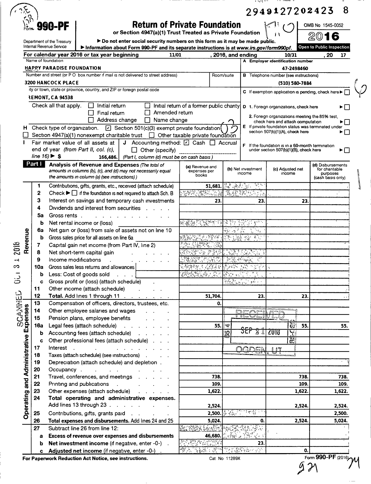 Image of first page of 2016 Form 990PF for Happy Paradise Foundation