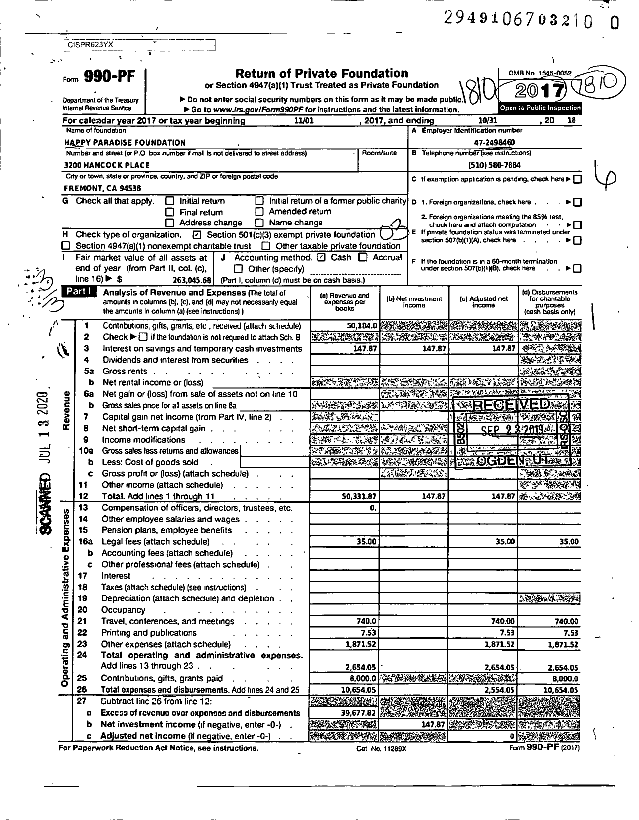 Image of first page of 2017 Form 990PR for Happy Paradise Foundation