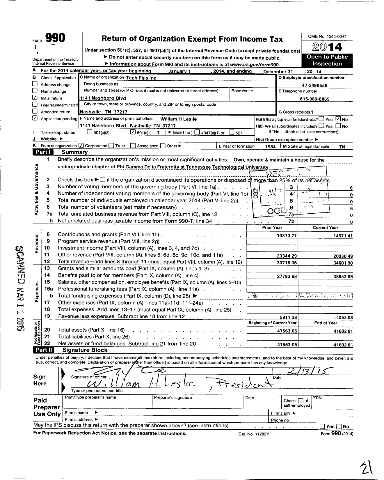 Image of first page of 2014 Form 990O for Tech Fijis (TFI)