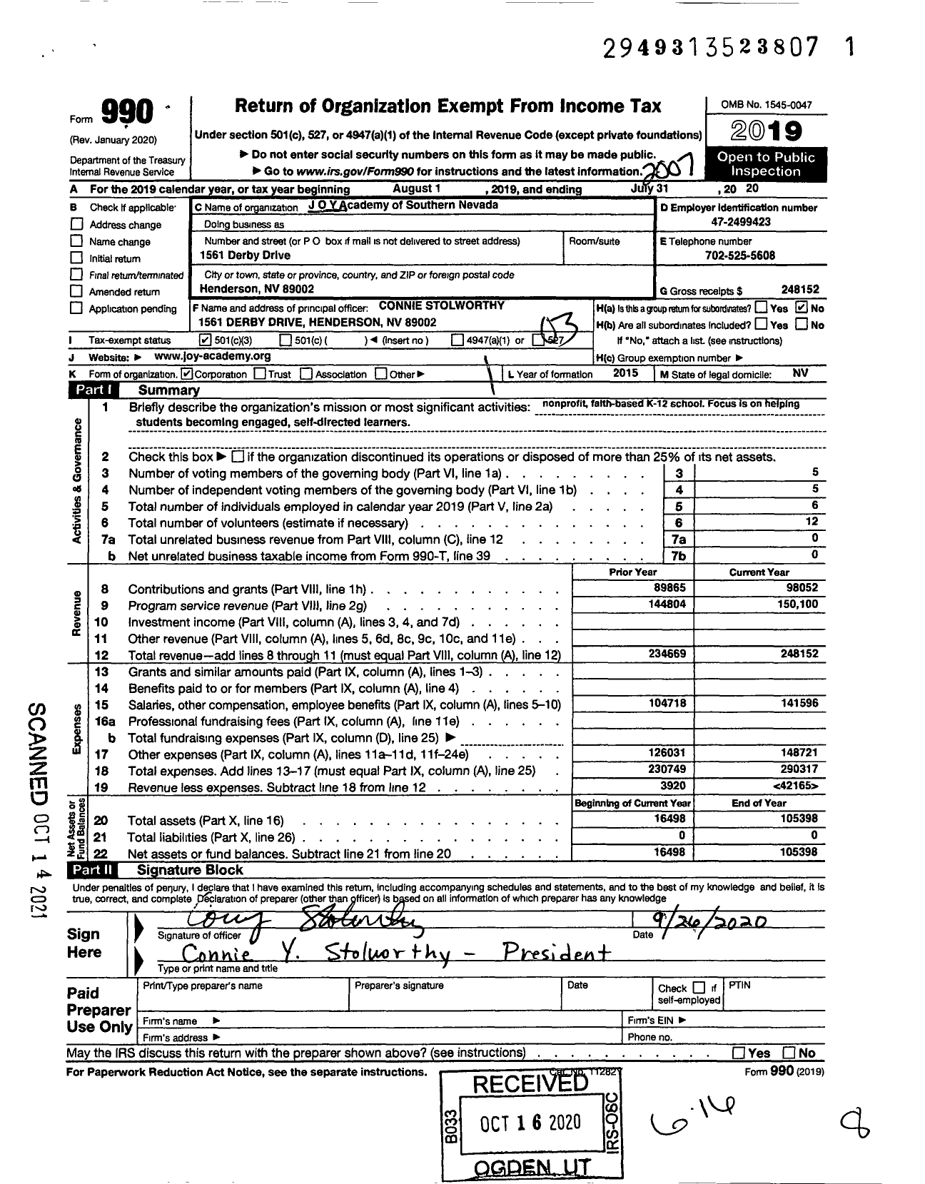 Image of first page of 2019 Form 990 for J O Y Academy of Southern Nevada