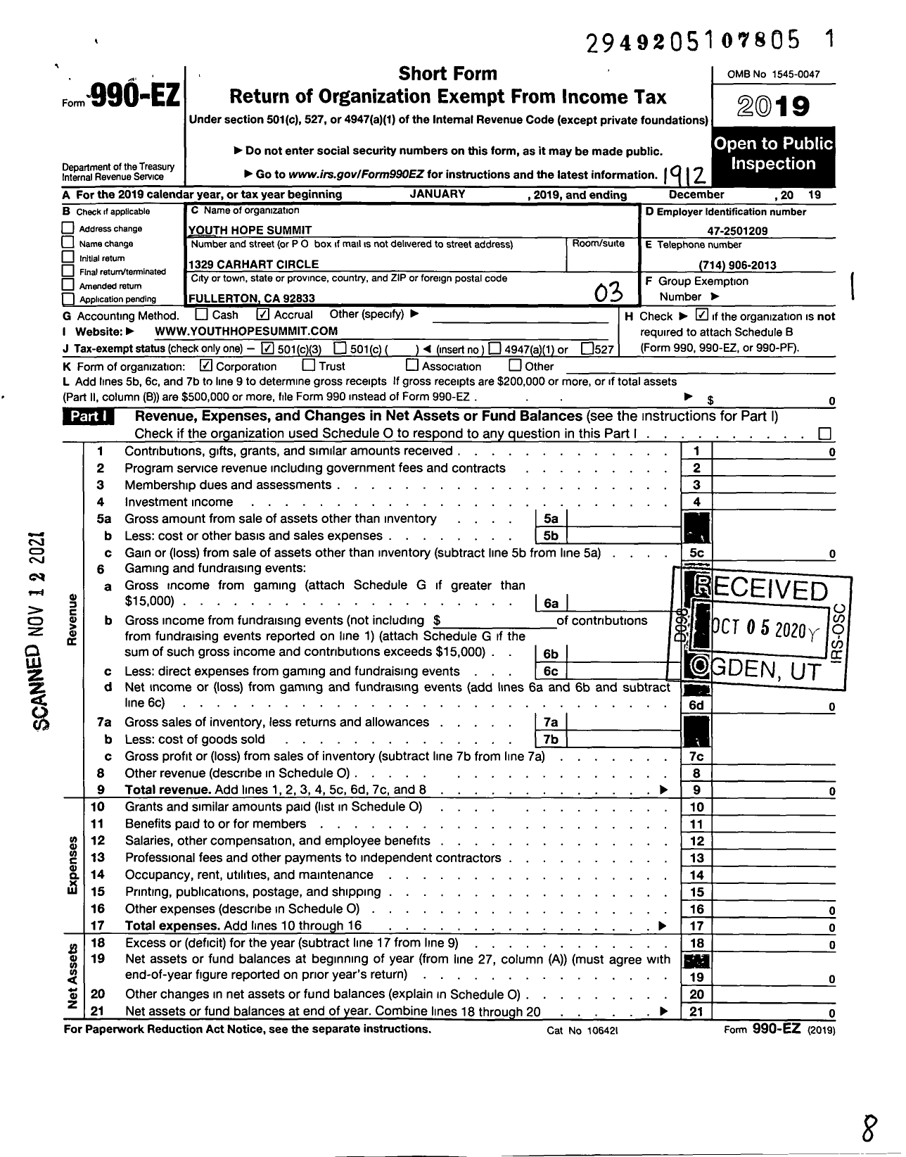 Image of first page of 2019 Form 990EZ for Youth Hope Summit