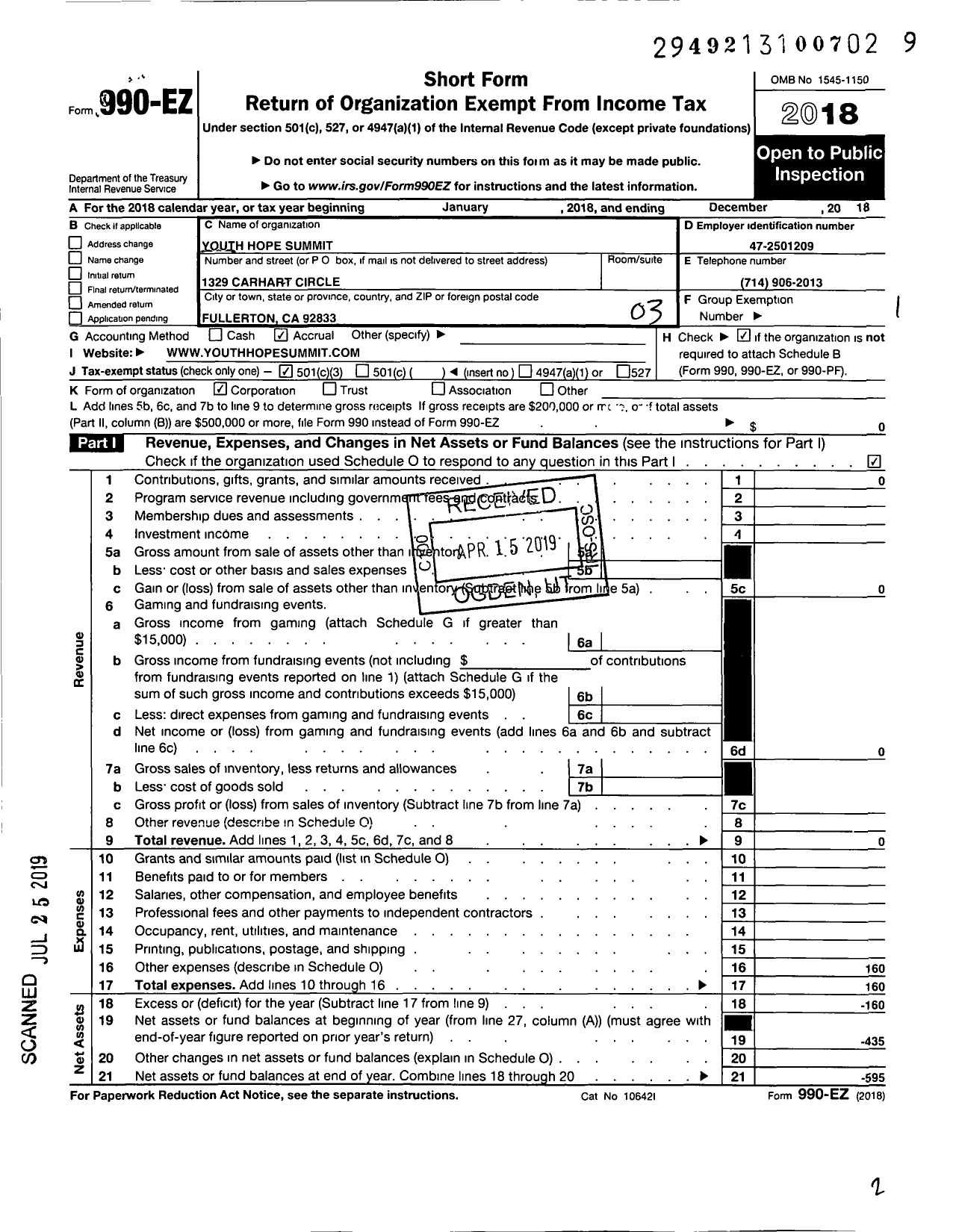 Image of first page of 2018 Form 990EZ for Youth Hope Summit