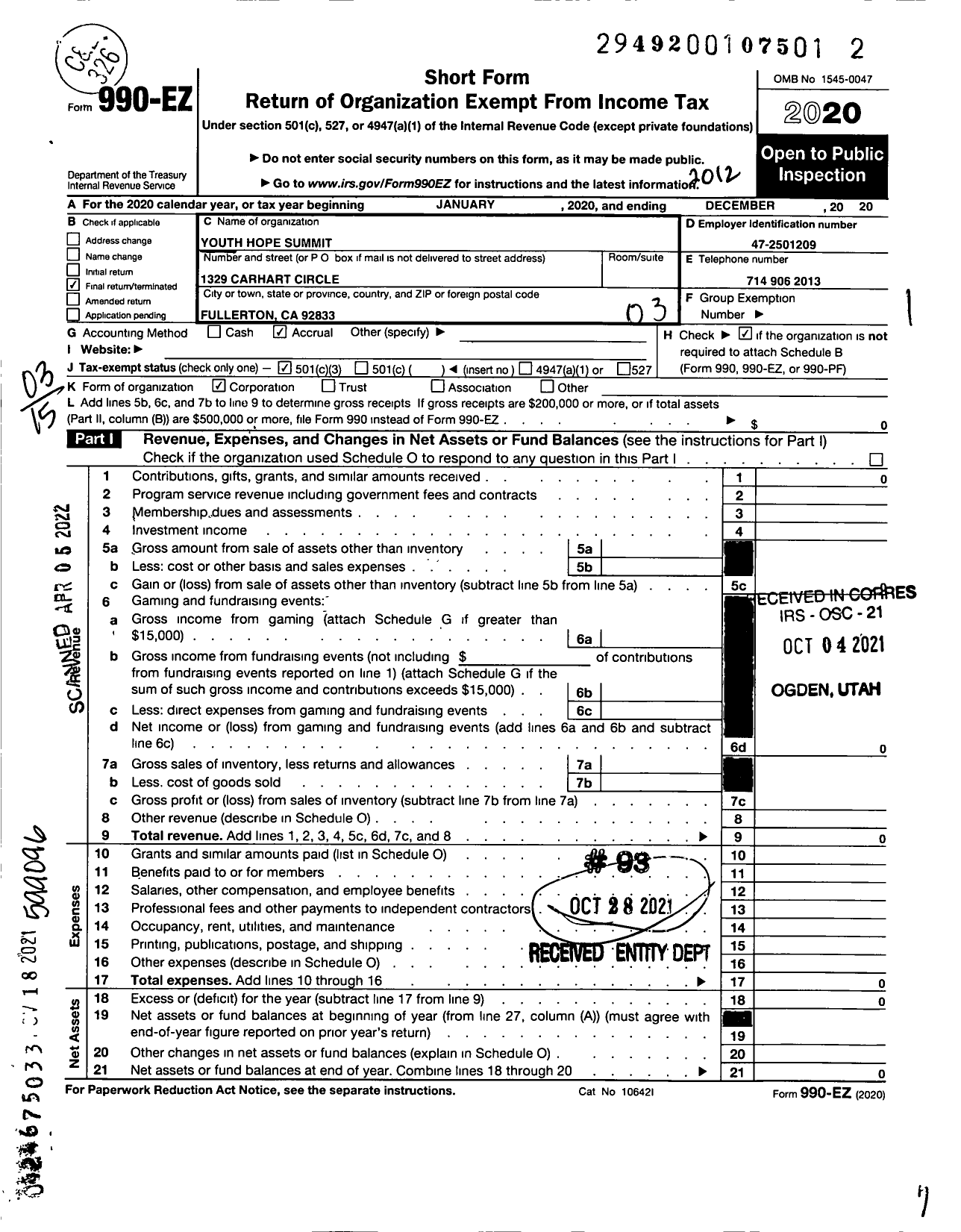 Image of first page of 2020 Form 990EZ for Youth Hope Summit