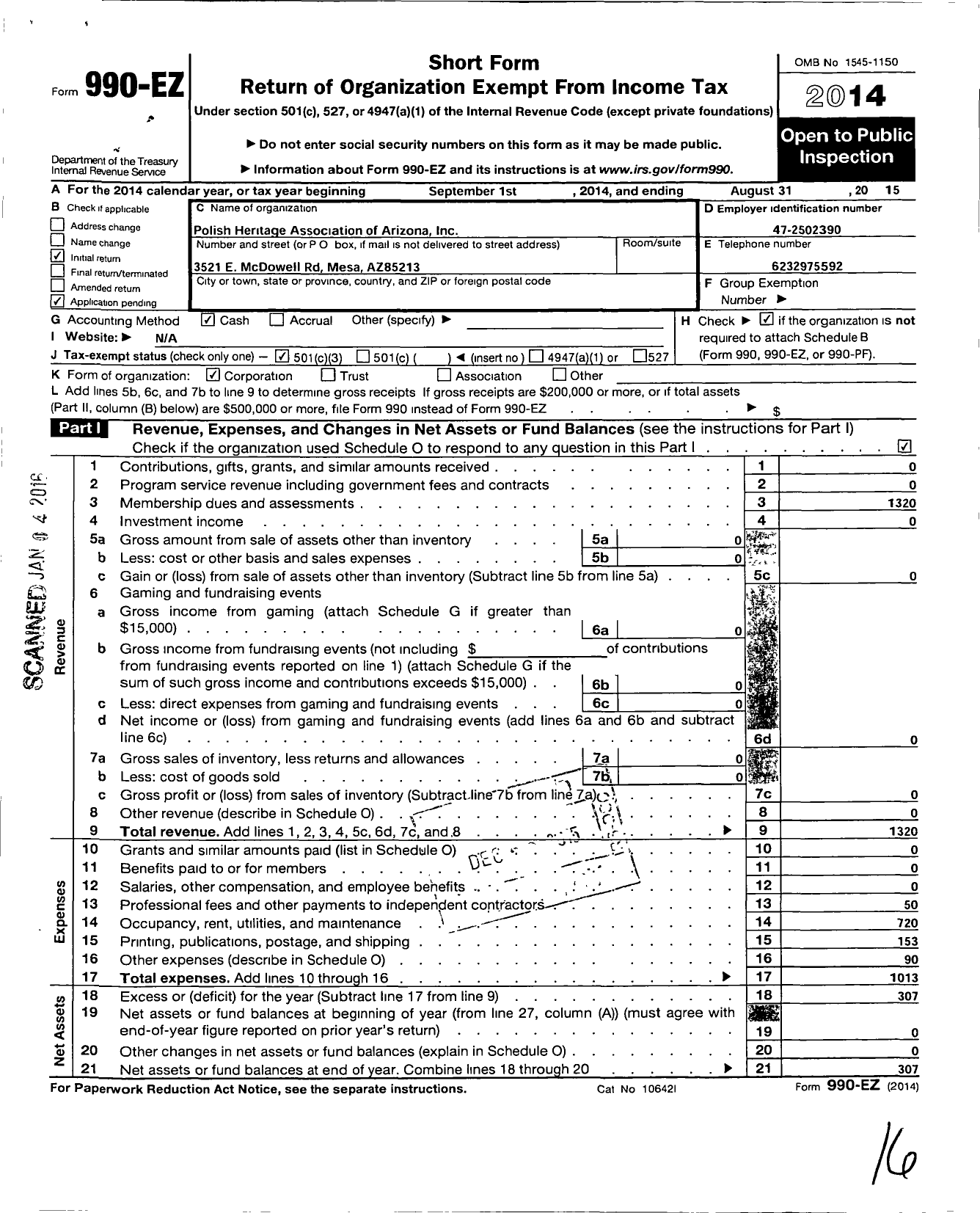 Image of first page of 2014 Form 990EZ for Polish Heritage Association of Arizona