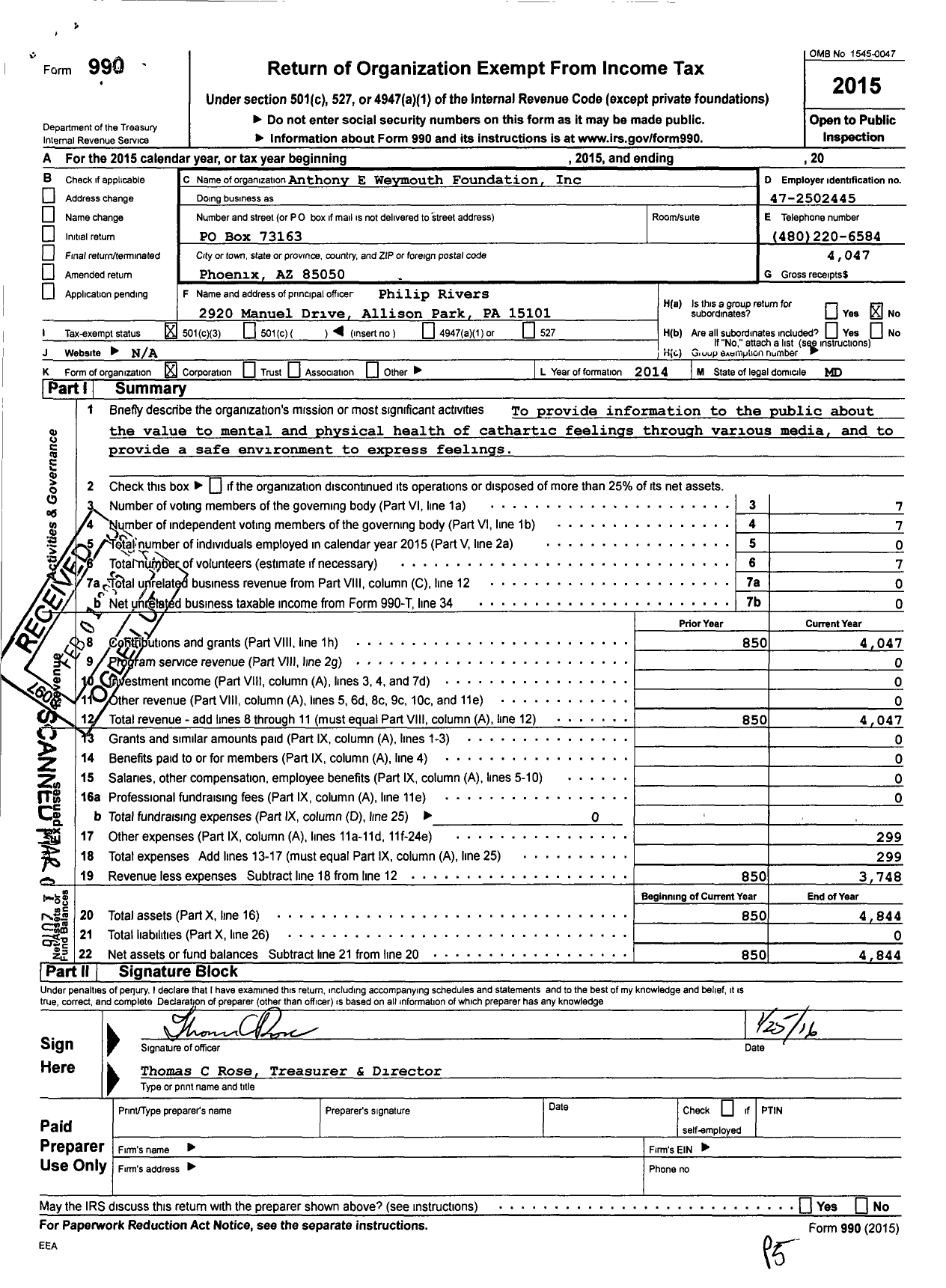 Image of first page of 2015 Form 990 for Anthony E Weymouth Foundation