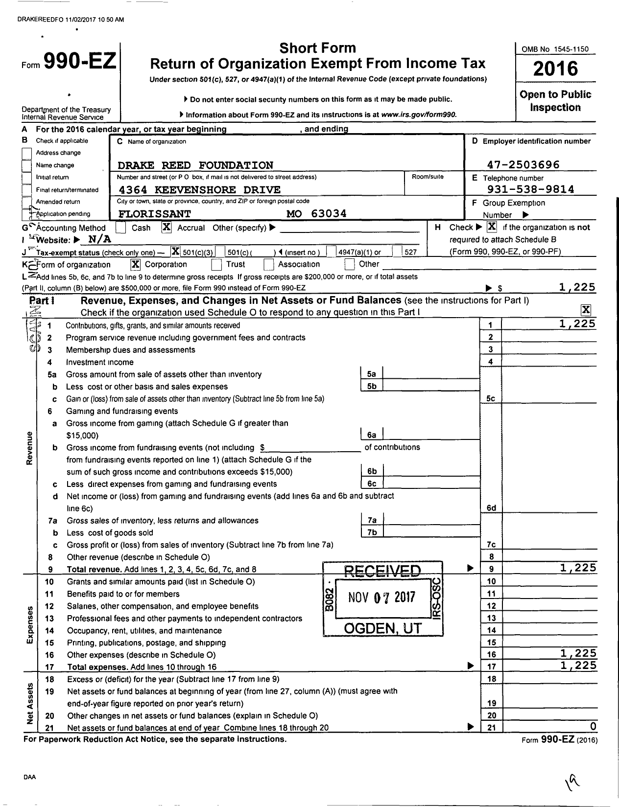 Image of first page of 2016 Form 990EZ for Drake Reed Foundation