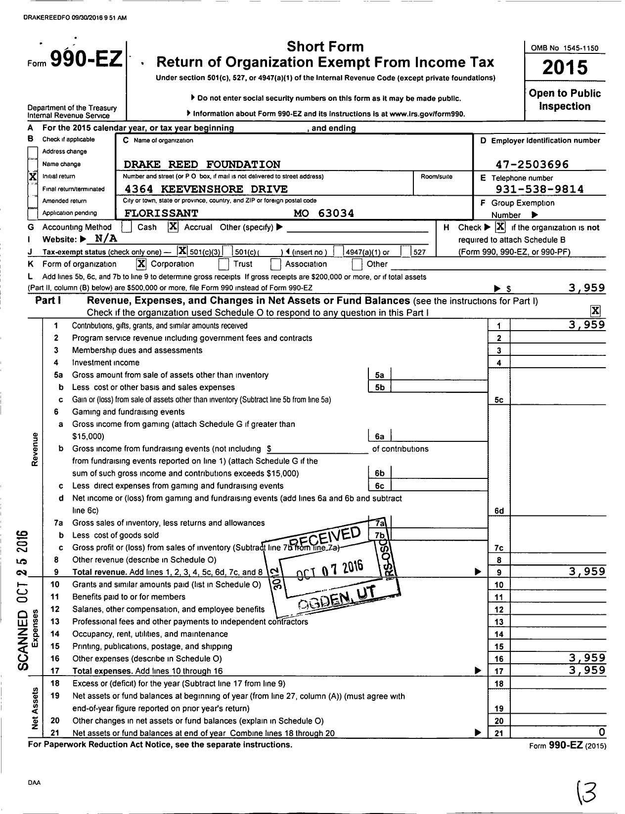 Image of first page of 2015 Form 990EZ for Drake Reed Foundation